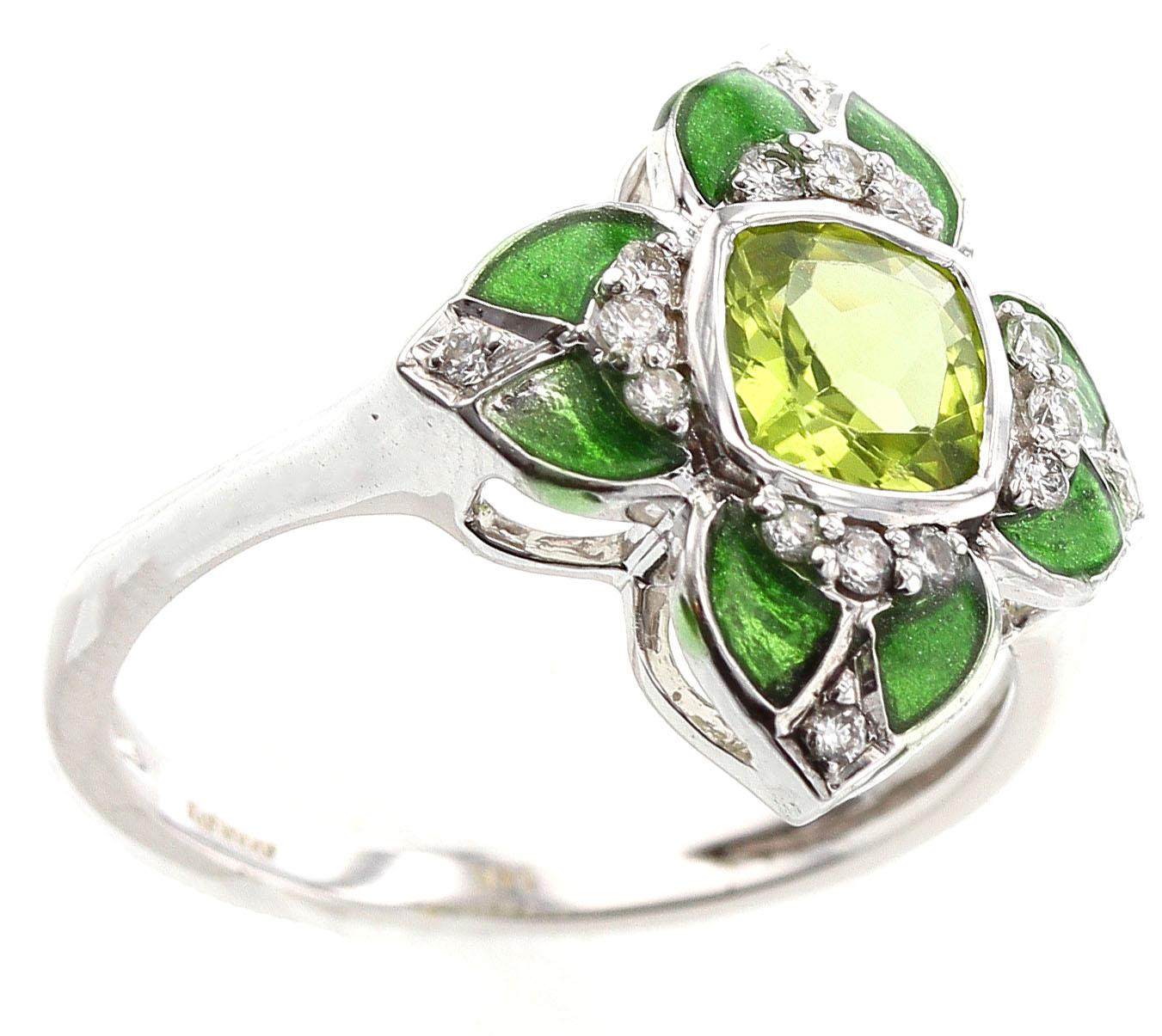 Women's or Men's Floral Green Enamel Ring with Peridot and Diamonds