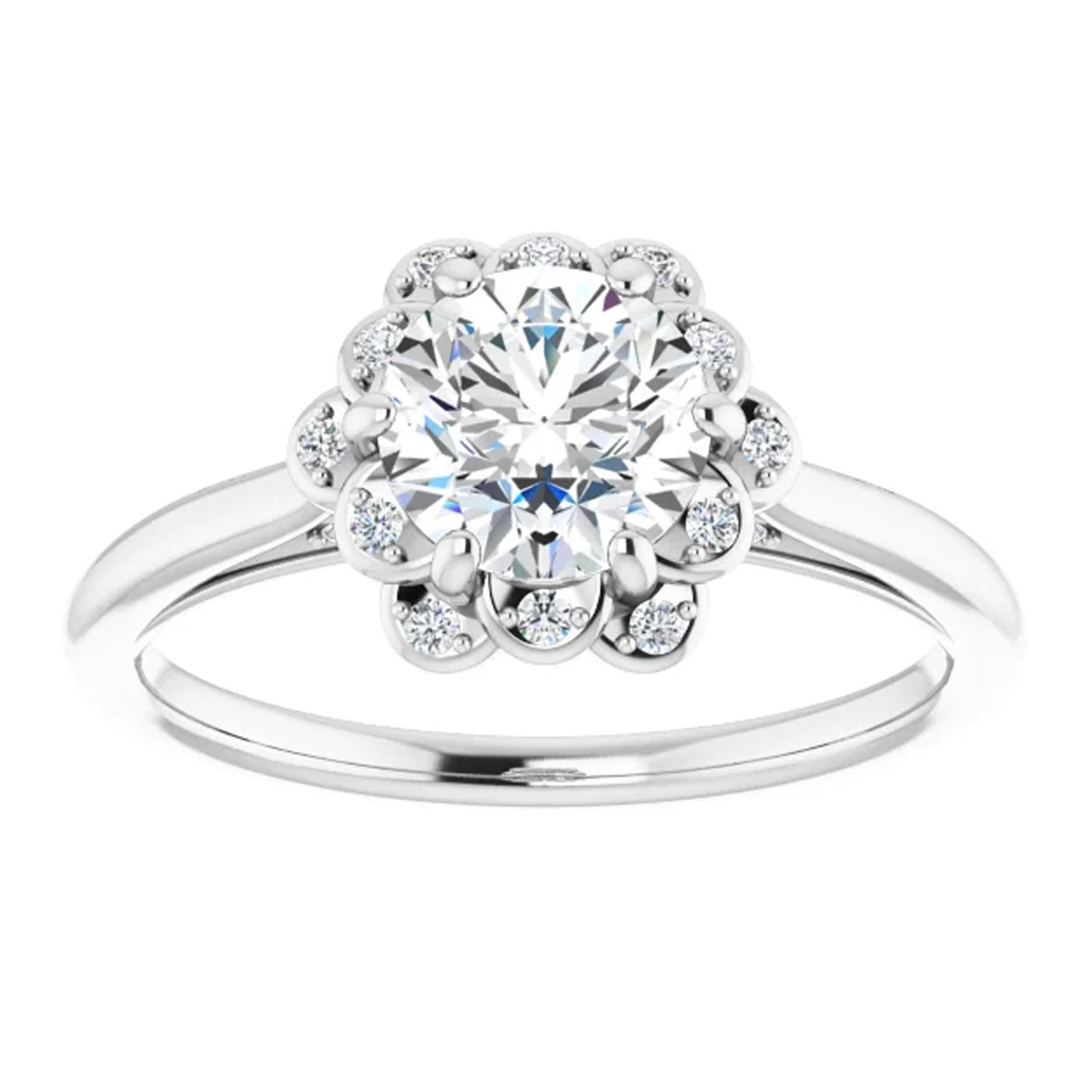 Contemporary Floral Halo Diamond Accented Round Brilliant GIA Certified Engagement Ring For Sale