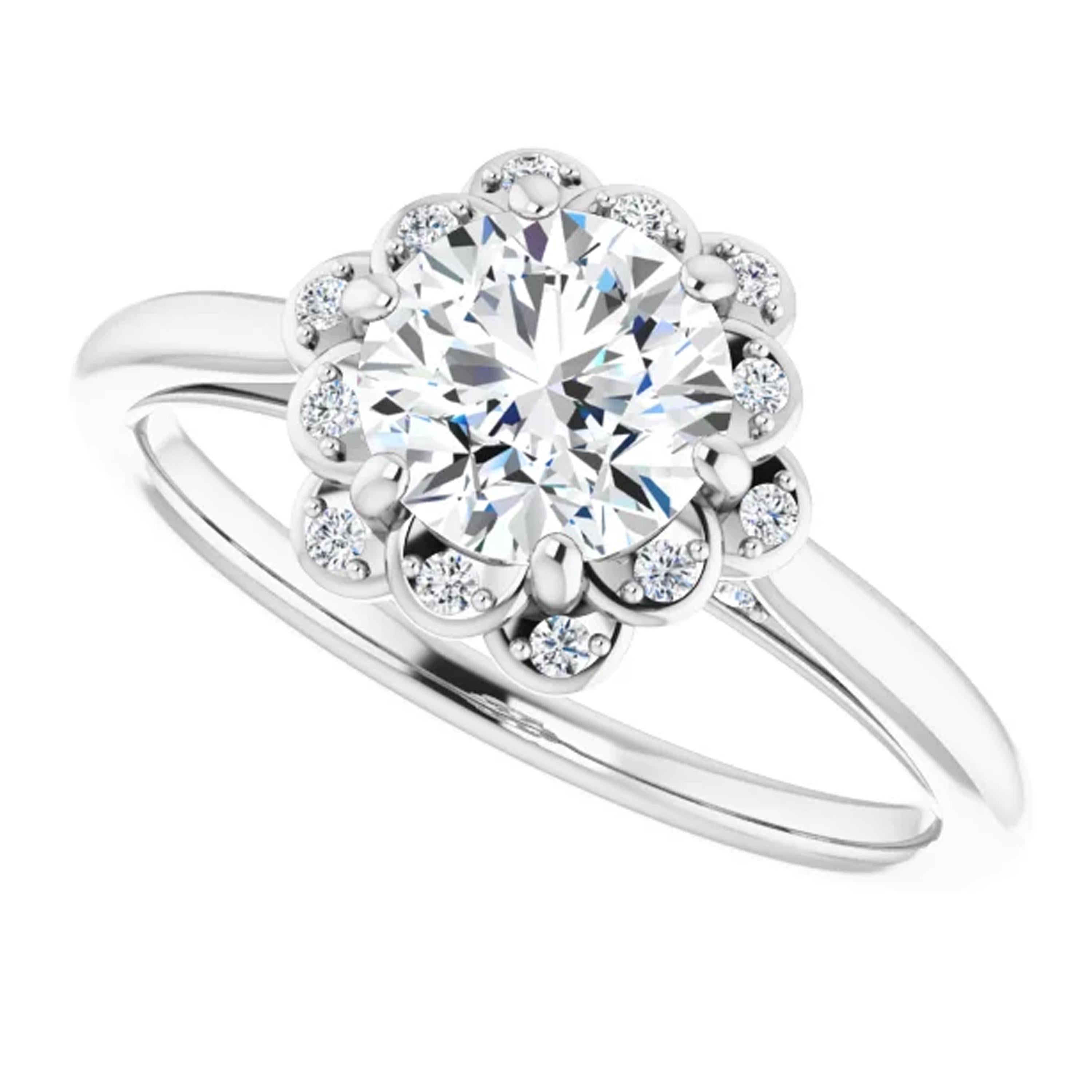 Round Cut Floral Halo Diamond Accented Round Brilliant GIA Certified Engagement Ring For Sale