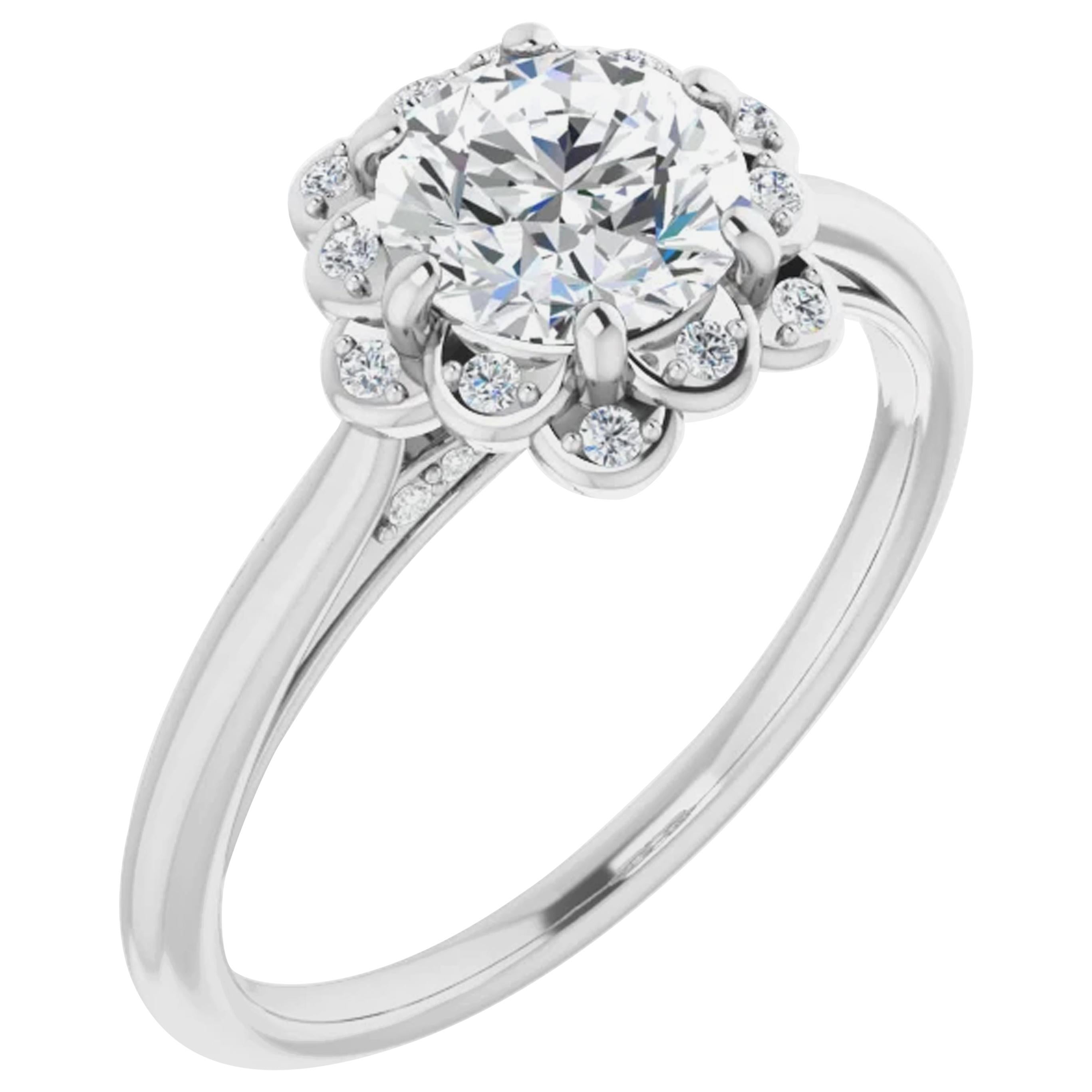 Floral Halo Diamond Accented Round Brilliant GIA Certified Engagement Ring For Sale
