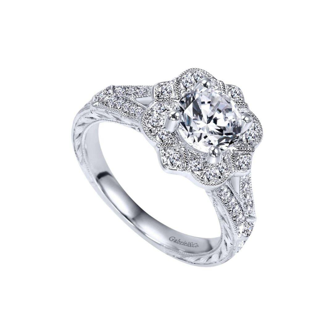 Round Cut Floral Halo Diamond Engagement Mounting For Sale