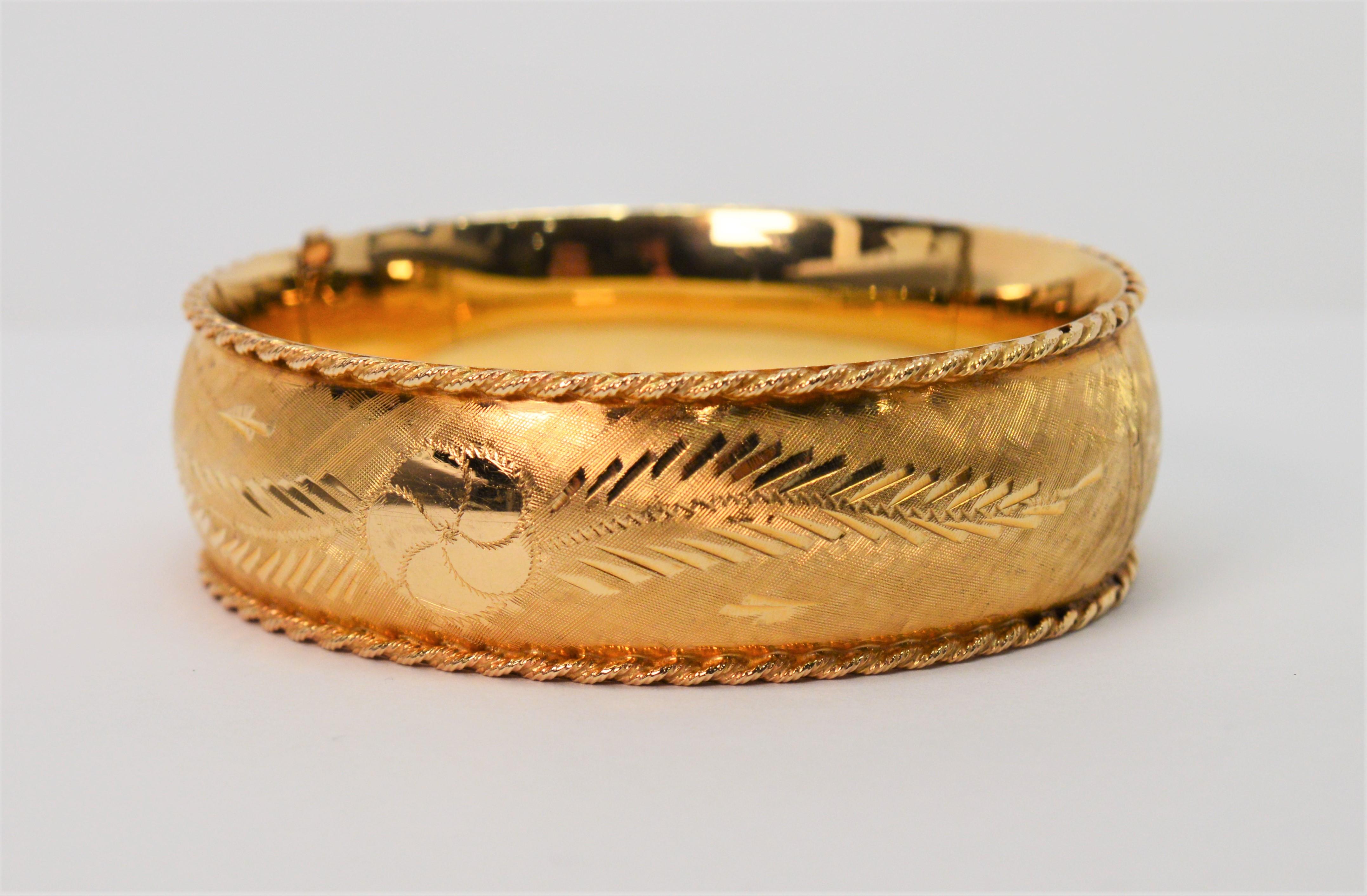 Women's Floral Hand Engraved Yellow Gold Bangle Bracelet