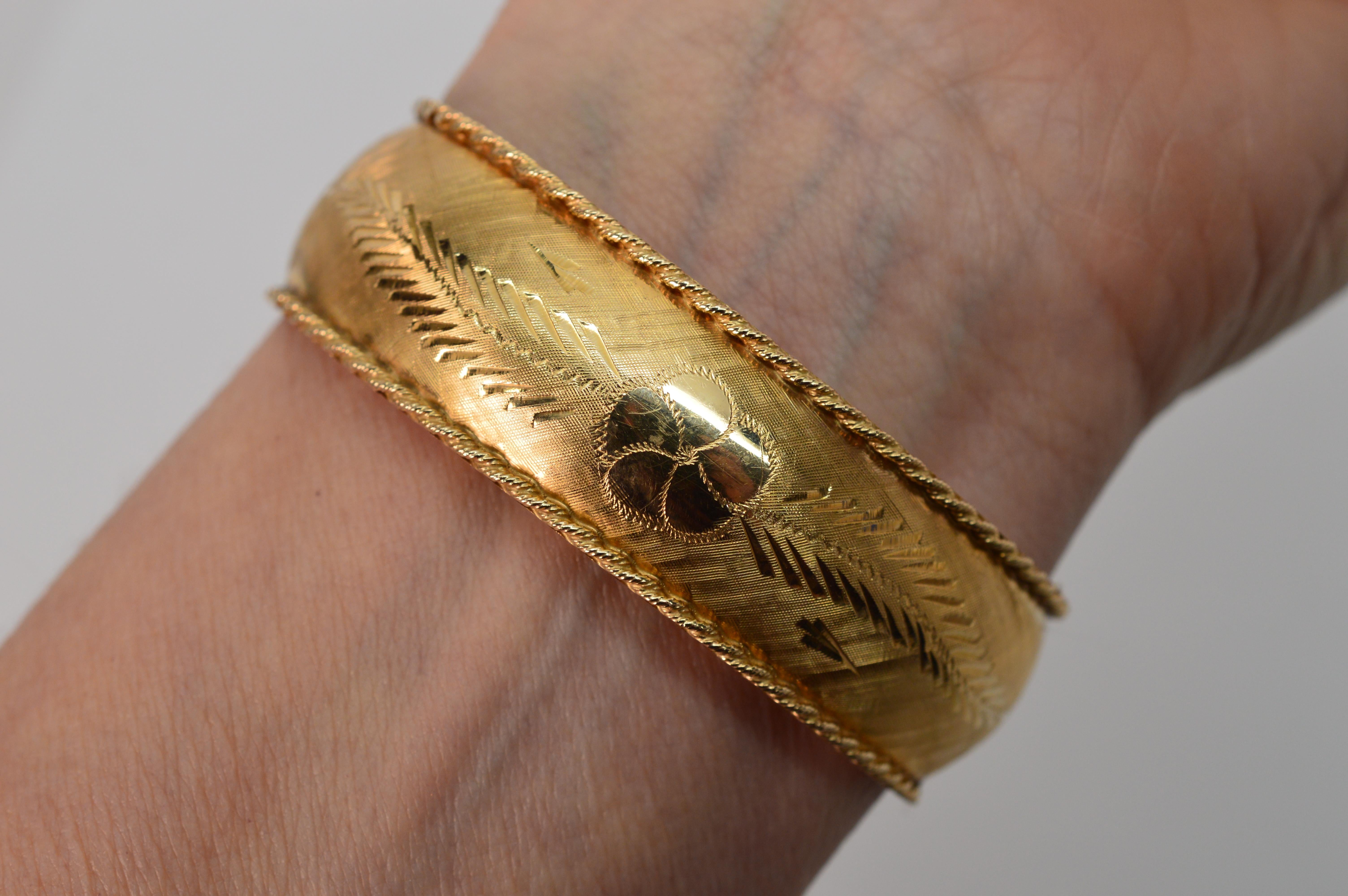 Floral Hand Engraved Yellow Gold Bangle Bracelet 1