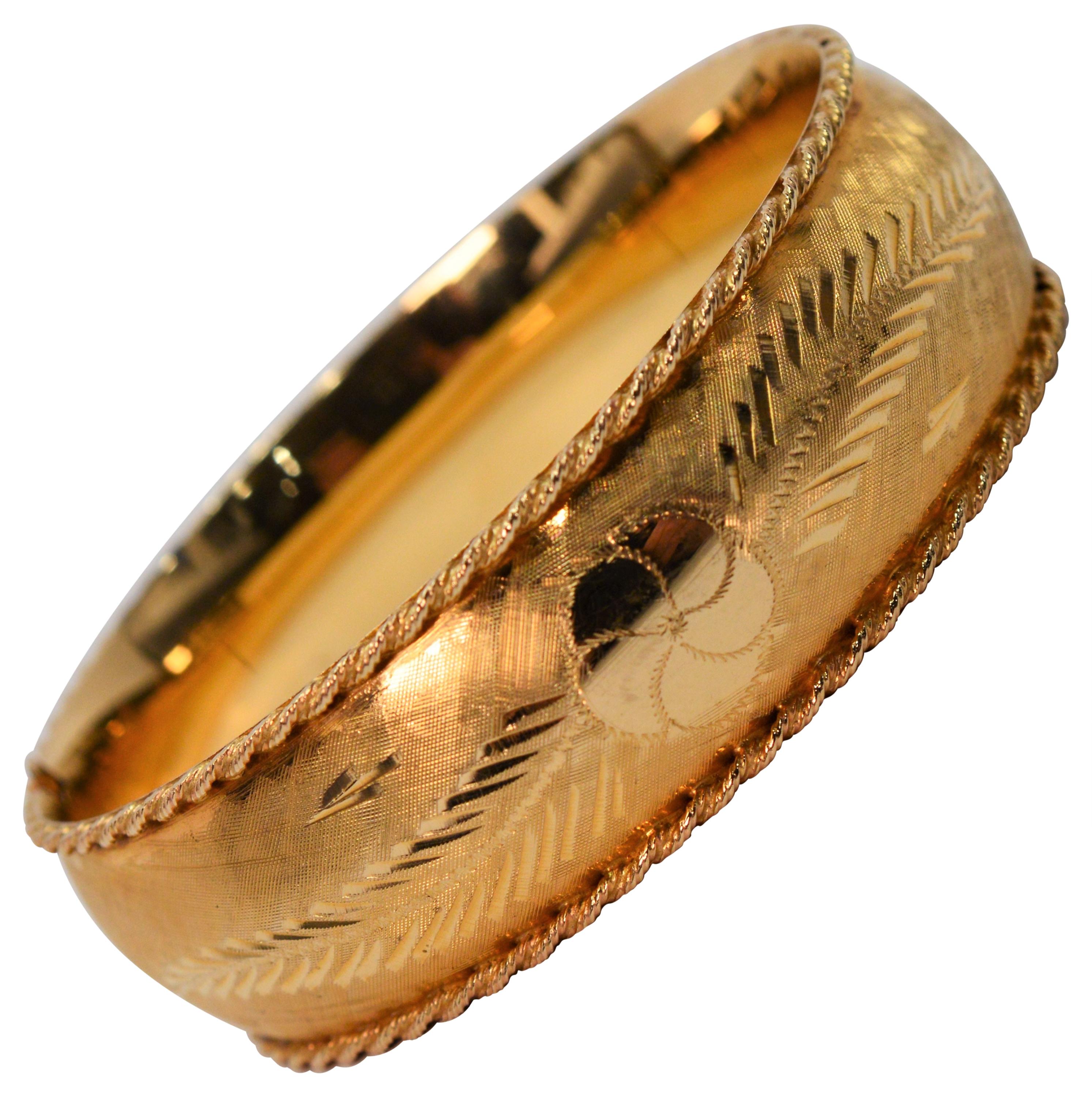 Floral Hand Engraved Yellow Gold Bangle Bracelet