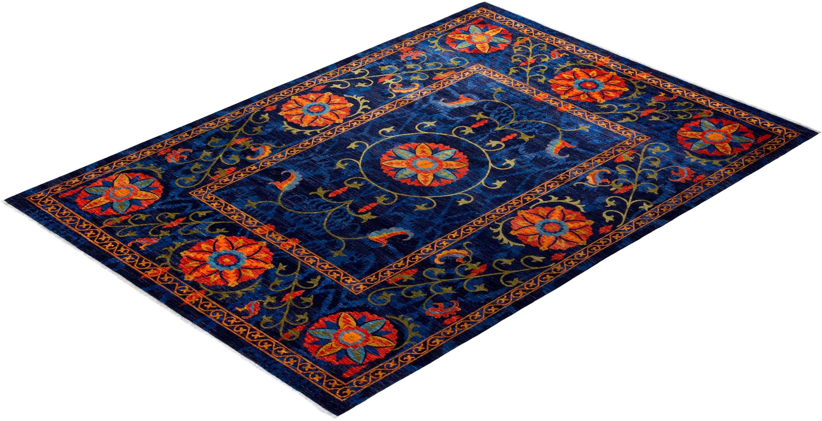 Floral Hand Knotted Area Rug in Blue New Zealand Wool In New Condition In Norwalk, CT