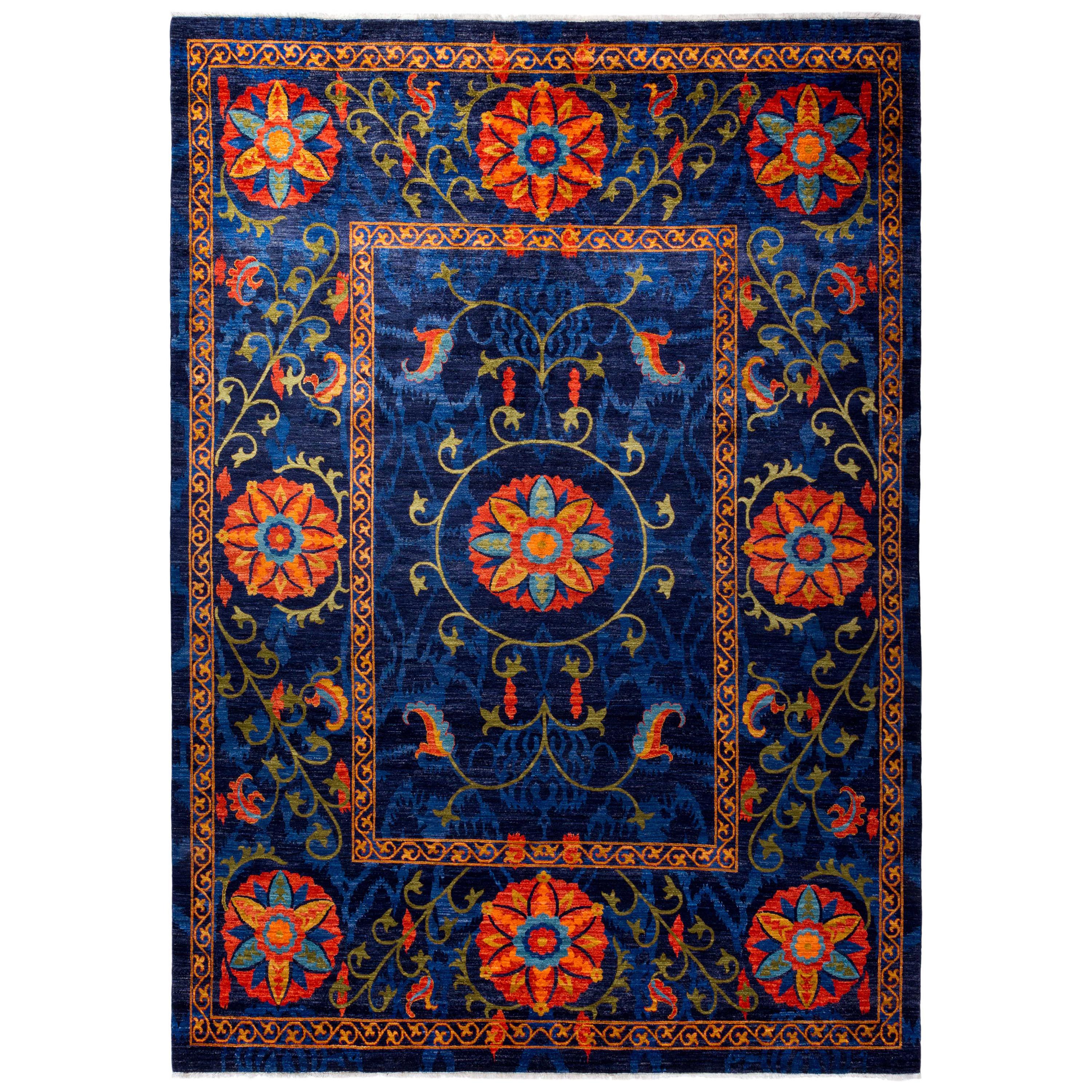 Floral Hand Knotted Area Rug in Blue New Zealand Wool