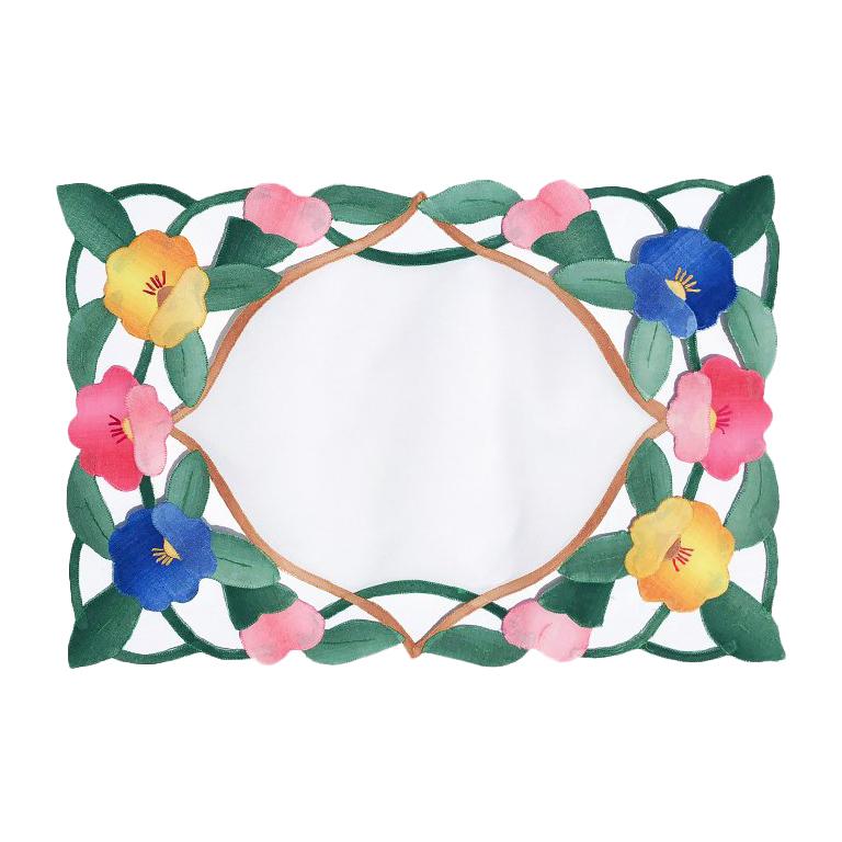 Floral Hand Stitched Placemats in Pink Green Blue and Yellow Set of 4