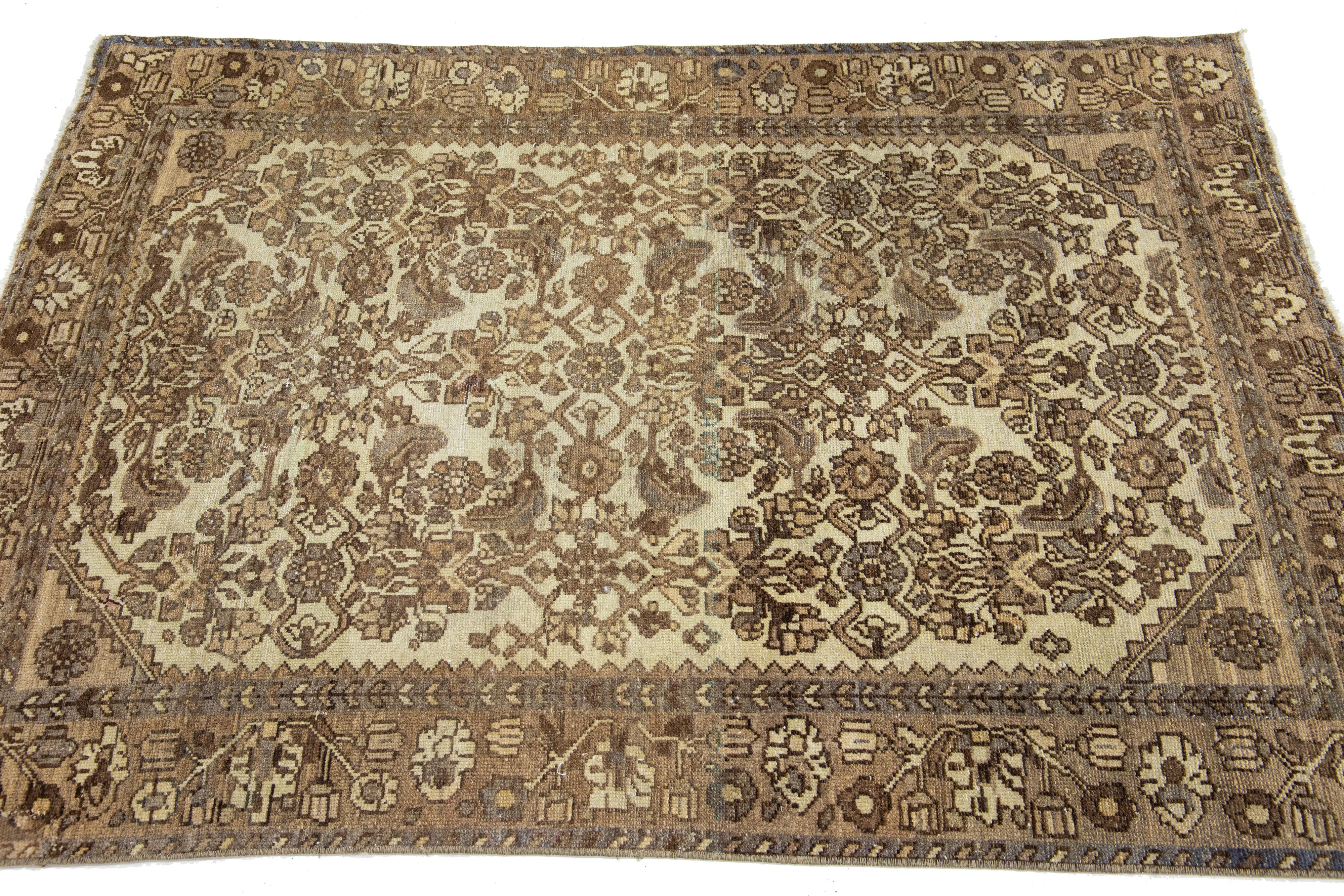 Floral Handmade Antique Persian Malayer Beige Scatter Wool Rug  In Excellent Condition For Sale In Norwalk, CT