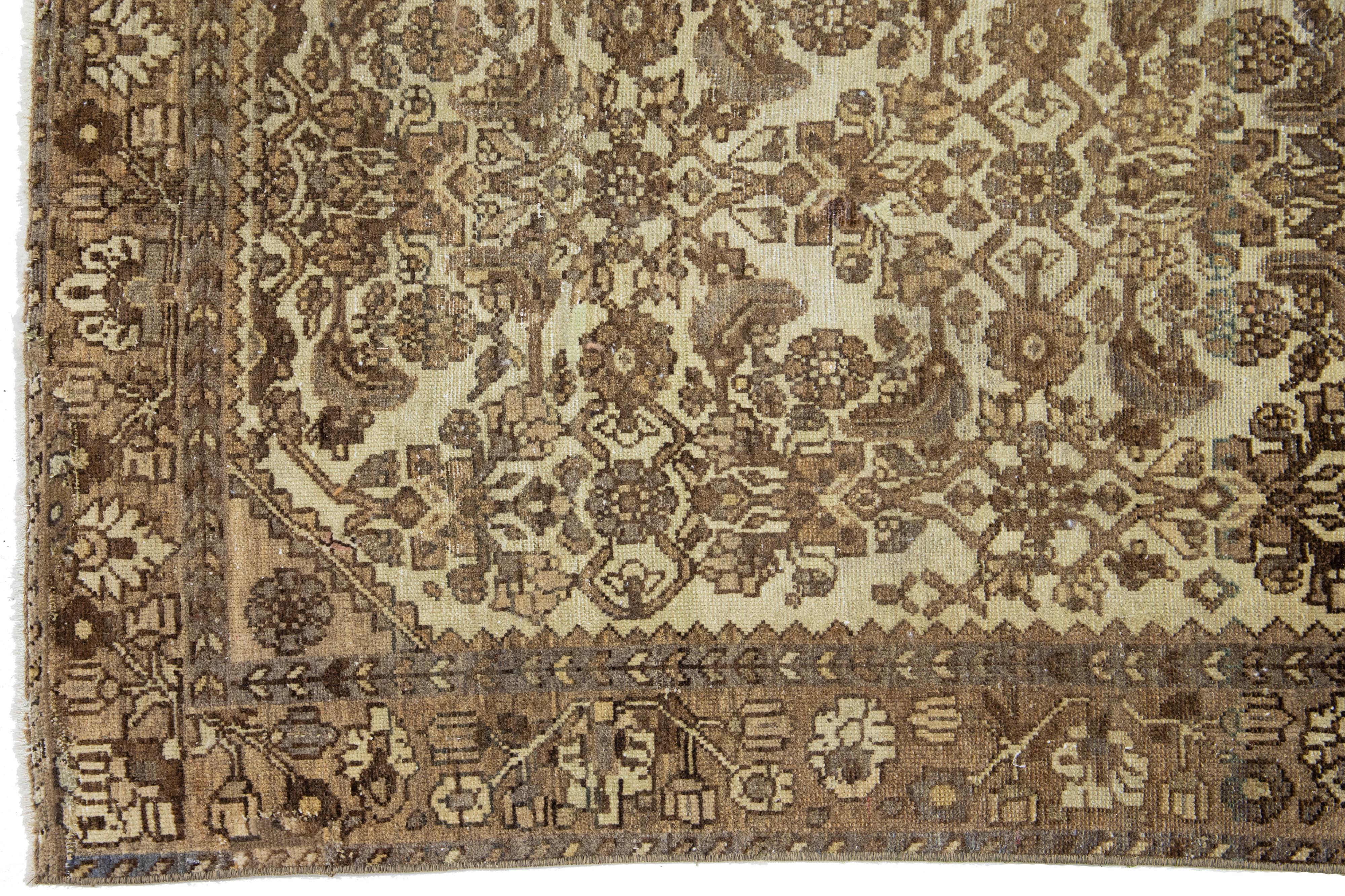 20th Century Floral Handmade Antique Persian Malayer Beige Scatter Wool Rug  For Sale