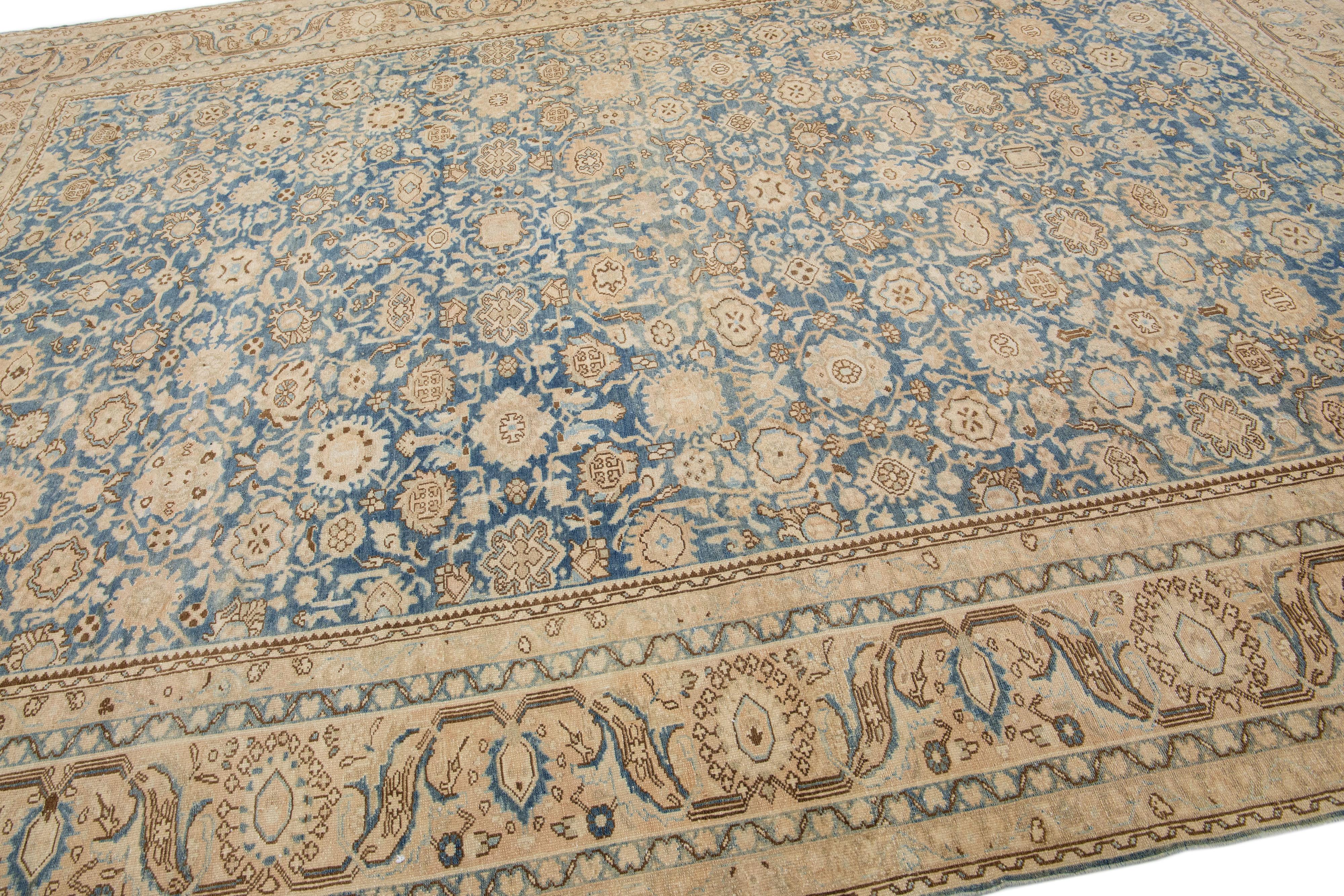 Hand-Knotted Floral Handmade Antique Persian Malayer Room Size Wool Rug in Blue For Sale