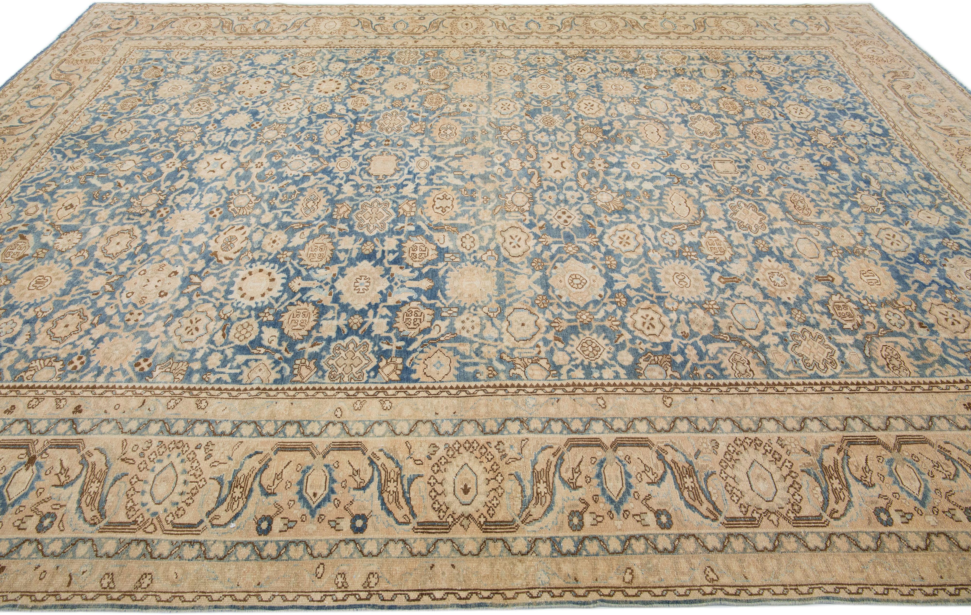 Floral Handmade Antique Persian Malayer Room Size Wool Rug in Blue In Good Condition For Sale In Norwalk, CT