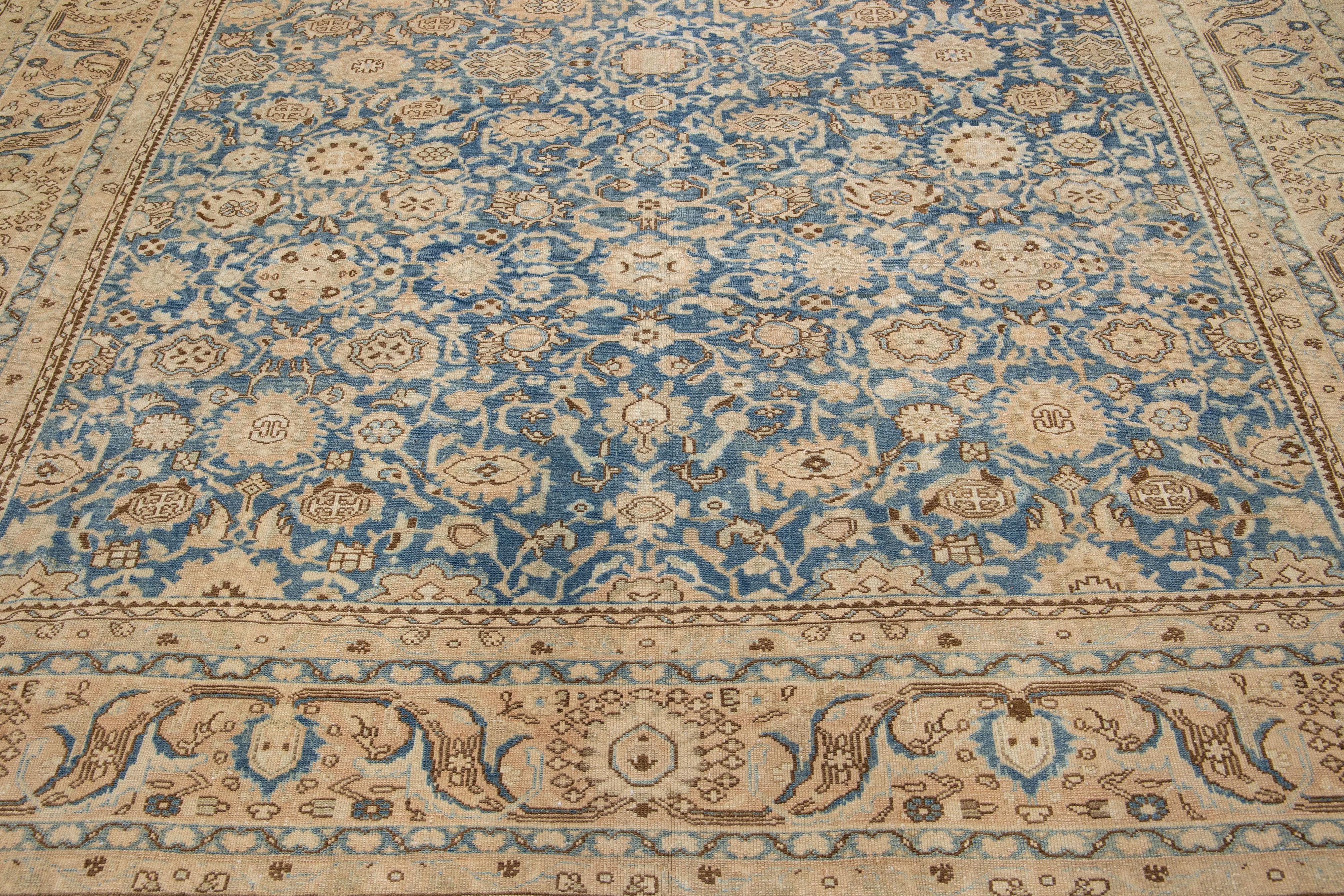 Floral Handmade Antique Persian Malayer Room Size Wool Rug in Blue For Sale 1