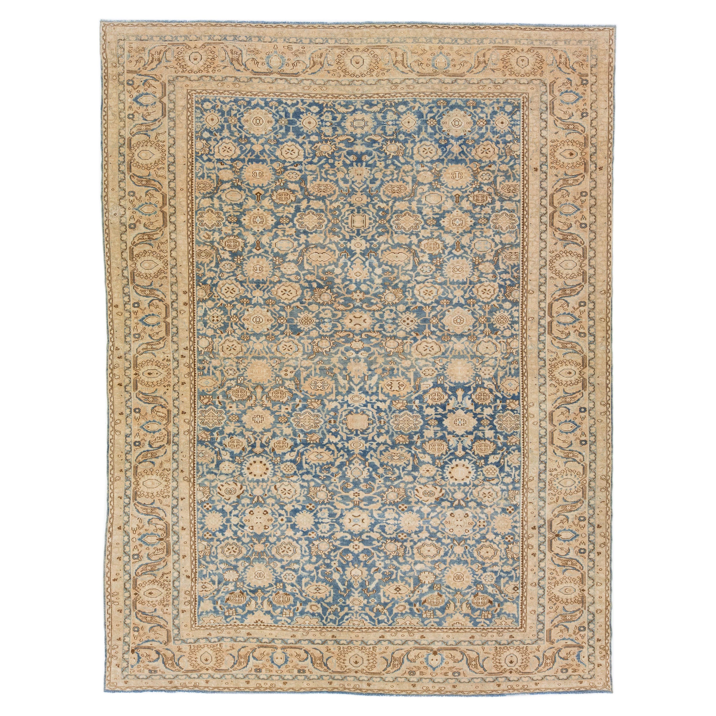 Antiker persischer Malayer-Wollteppich in Blau mit Blumenmuster, handgefertigt