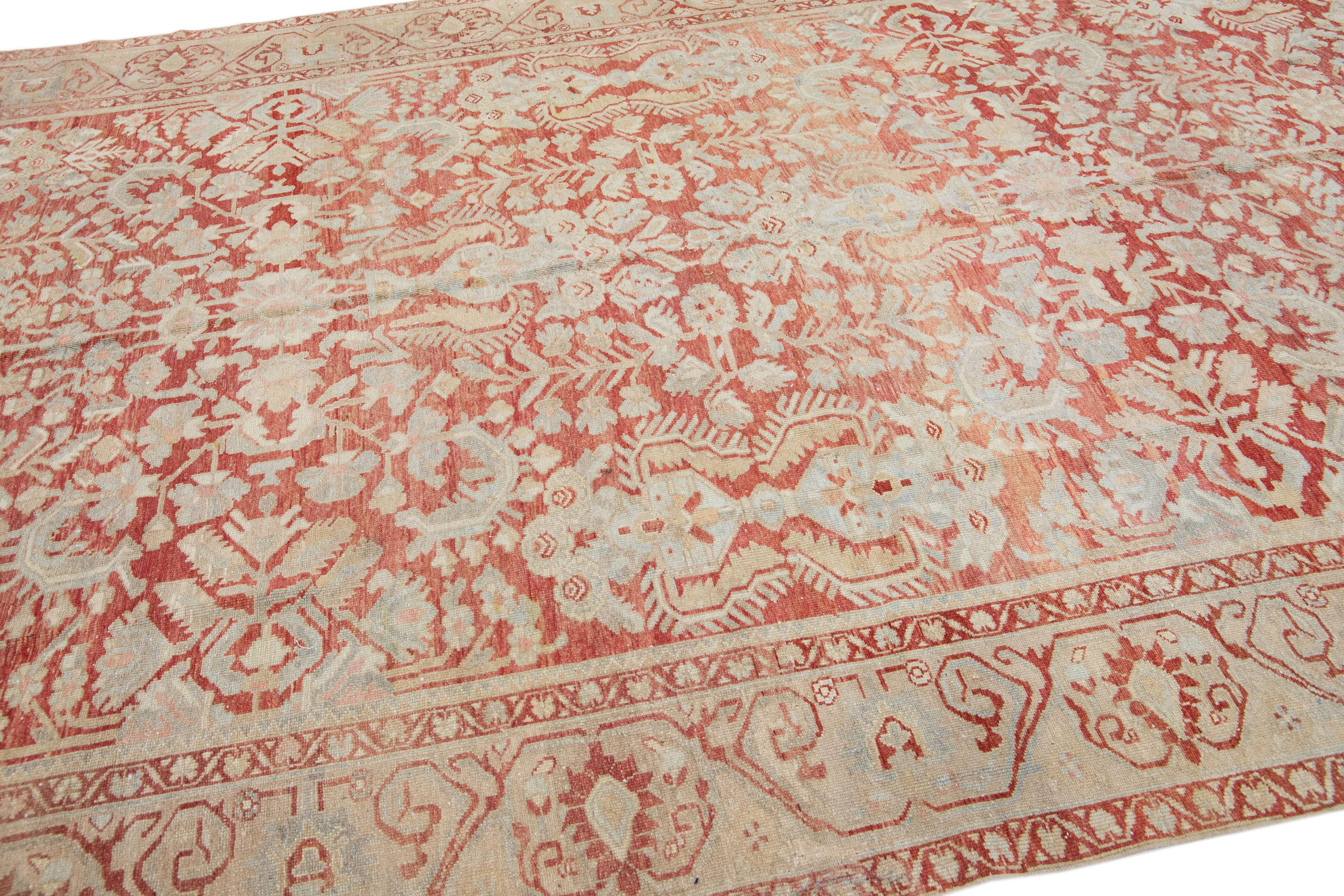 Floral Handmade Antique Persian Malayer Room Size Wool Rug in Rust In Good Condition For Sale In Norwalk, CT