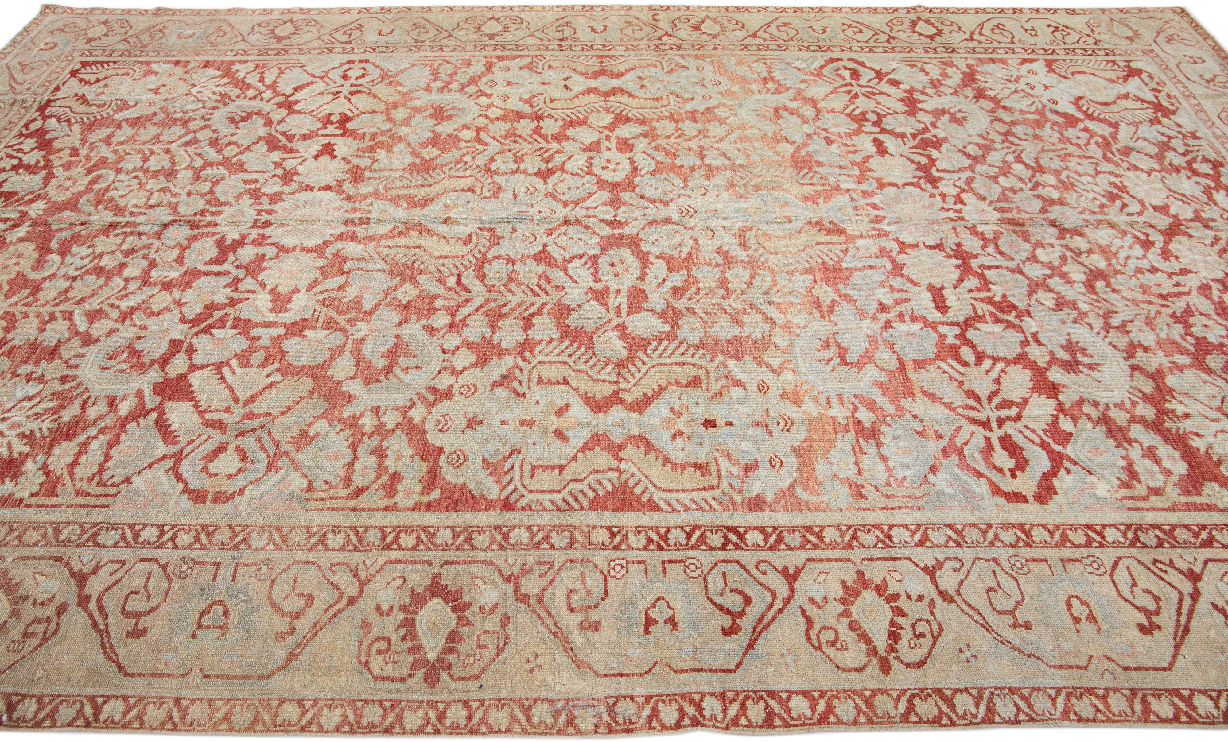 20th Century Floral Handmade Antique Persian Malayer Room Size Wool Rug in Rust For Sale