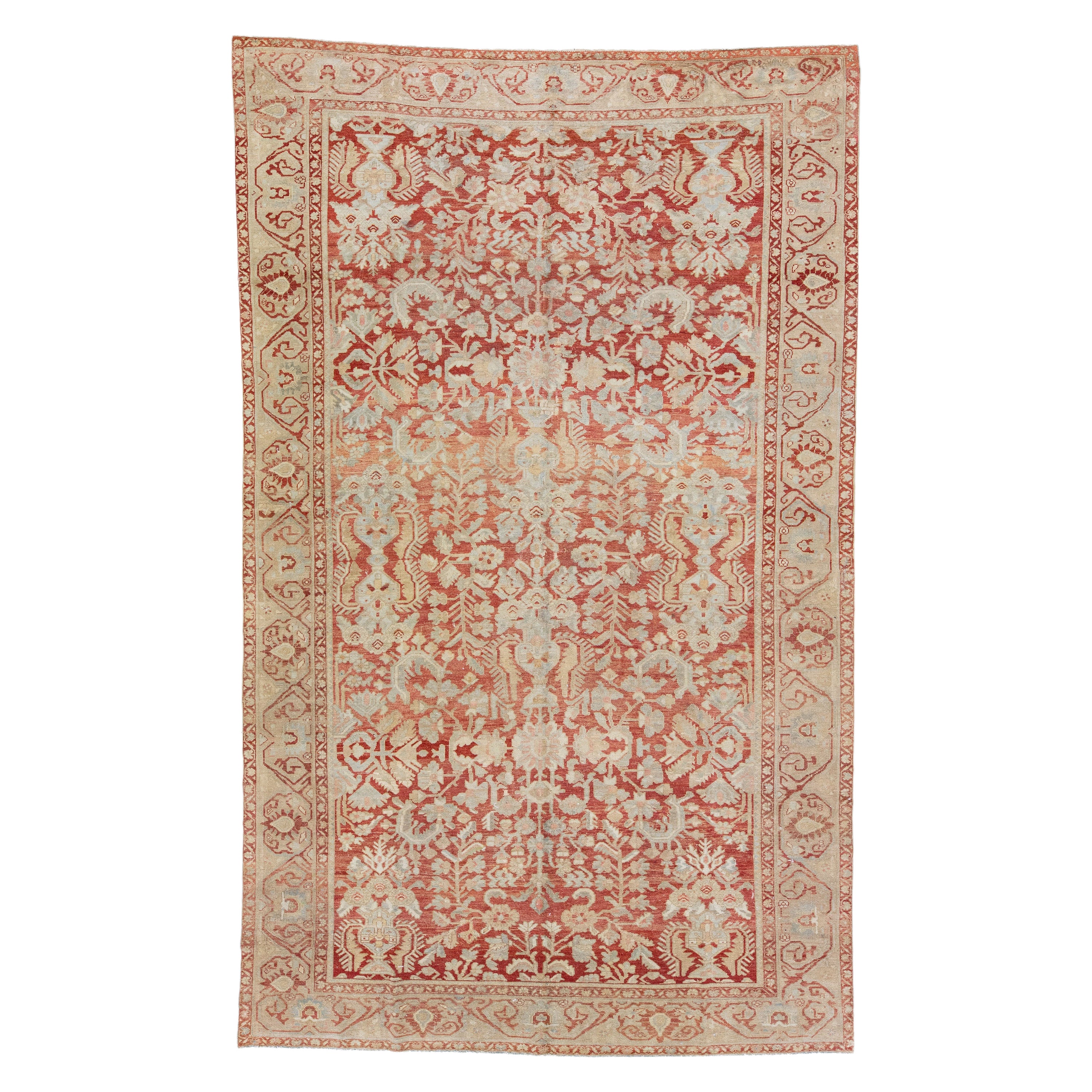 Floral Handgefertigter antiker persischer Malayer-Wollteppich in Rost in Zimmergröße