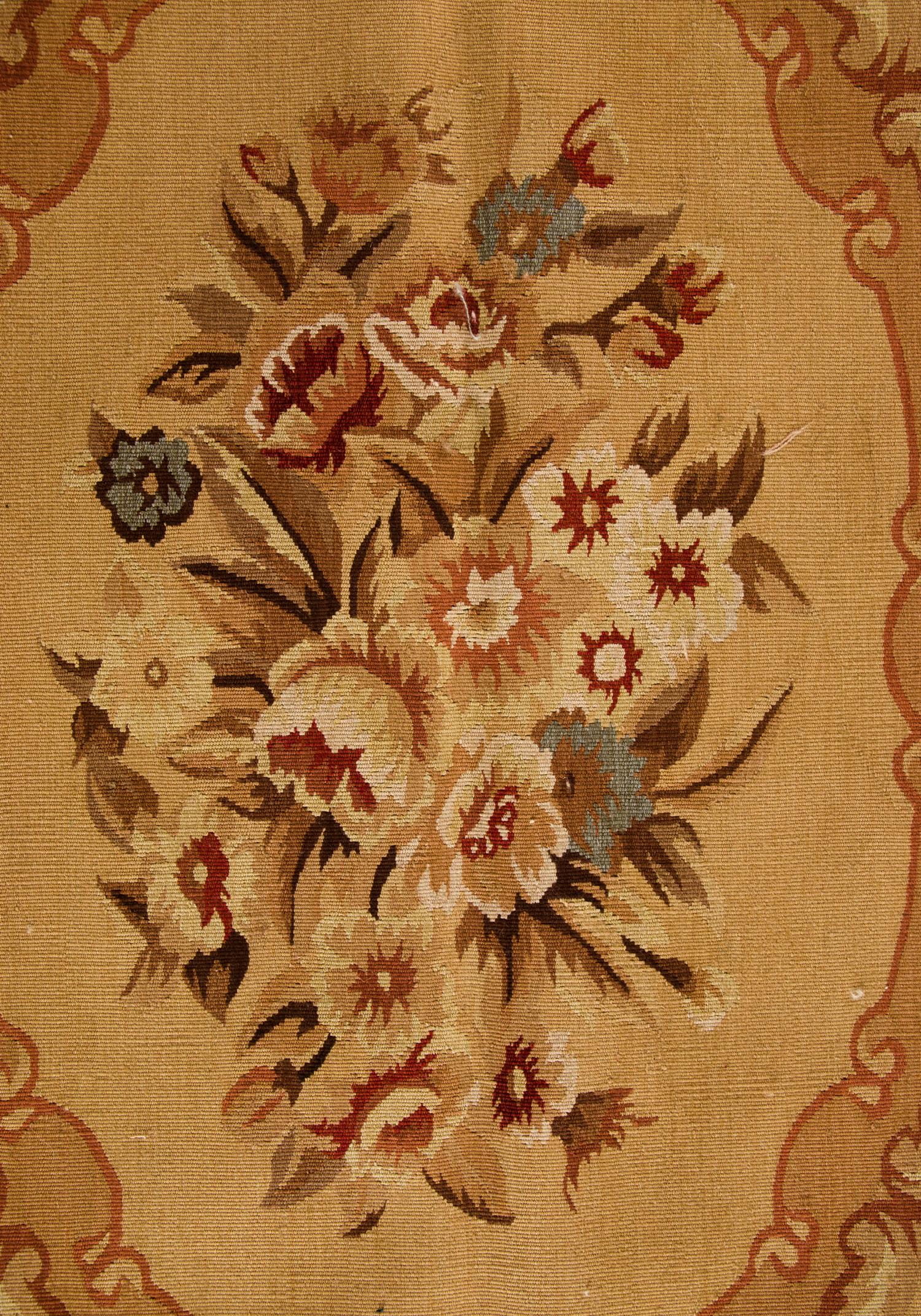 This luxurious gold beige area rug is a very high-quality item, getting lots of attention in the rug store because of the elegant color and design. These handmade elegant Chinese Aubusson floor rugs have soft, subtle shades with gorgeous floral
