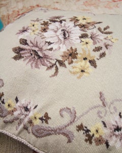 A Pair of Floral Handmade Cushion Cover, Needlepoint Cream Wool Scatter Cushion