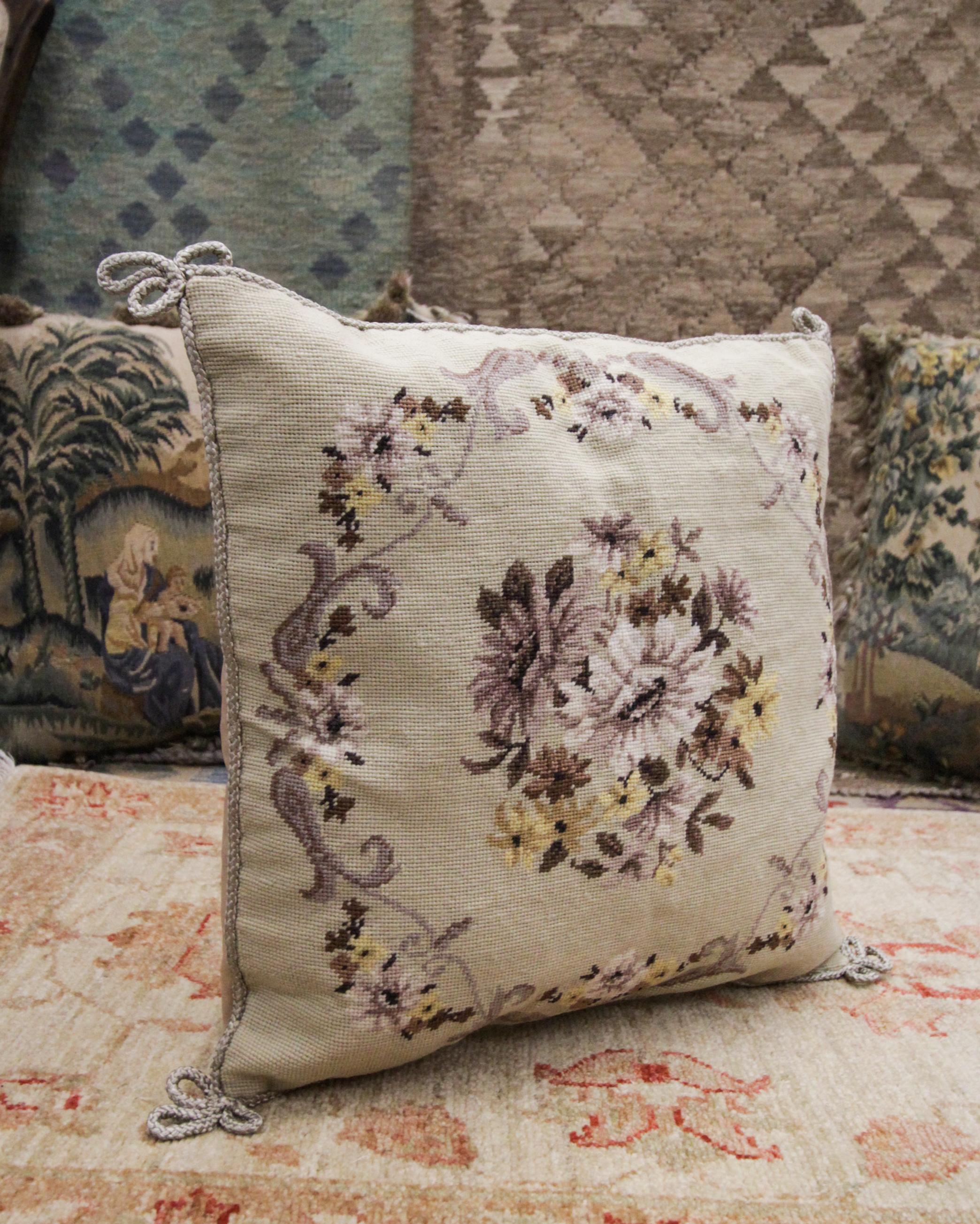 Hollywood Regency Floral Handmade Cushion Cover, Needlepoint Cream Purple Wool Scatter Cushion