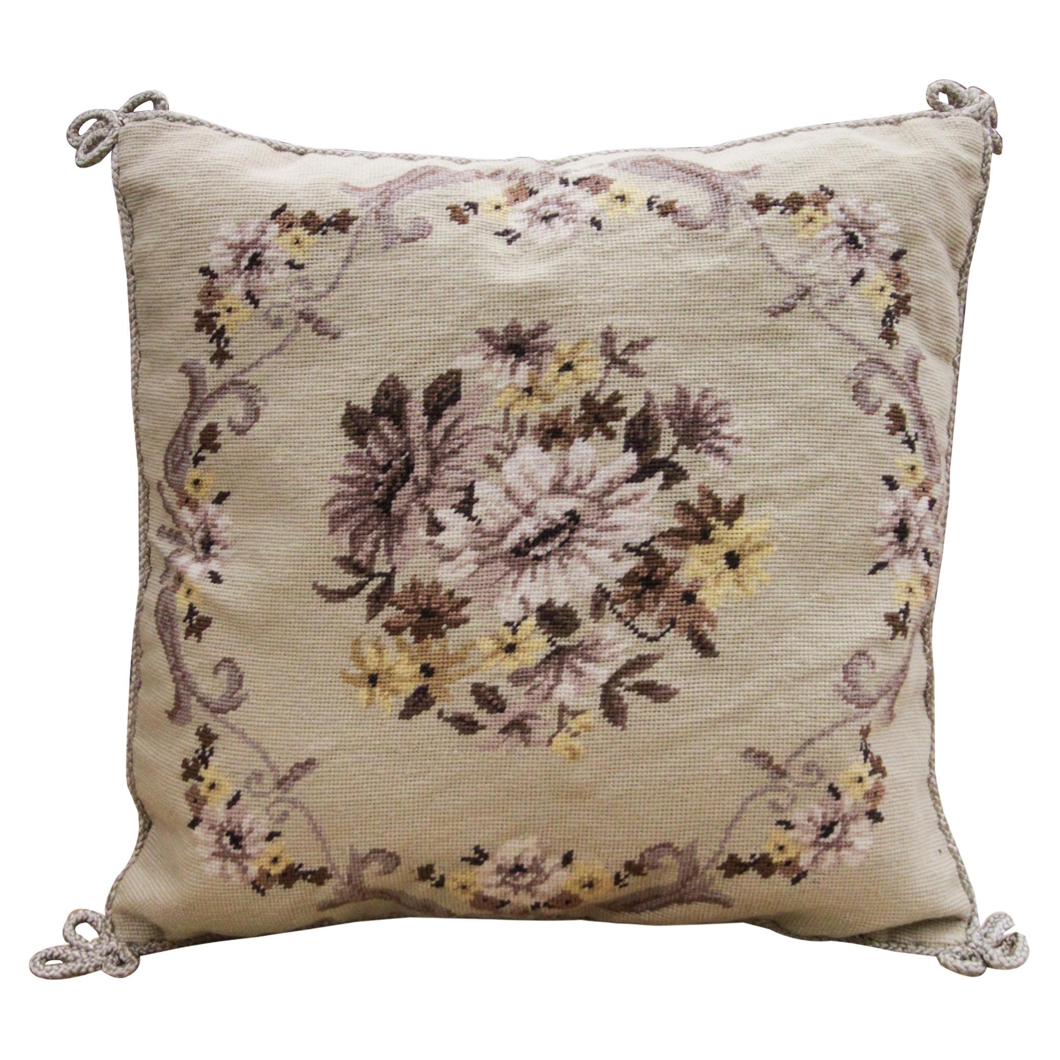 Floral Handmade Cushion Cover, Needlepoint Cream Purple Wool Scatter Cushion