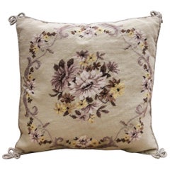 Vintage Floral Handmade Cushion Cover, Needlepoint Cream Purple Wool Scatter Cushion
