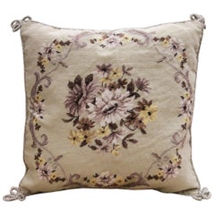 Floral Handmade Cushion Cover, Needlepoint Cream Purple Wool Scatter Cushion