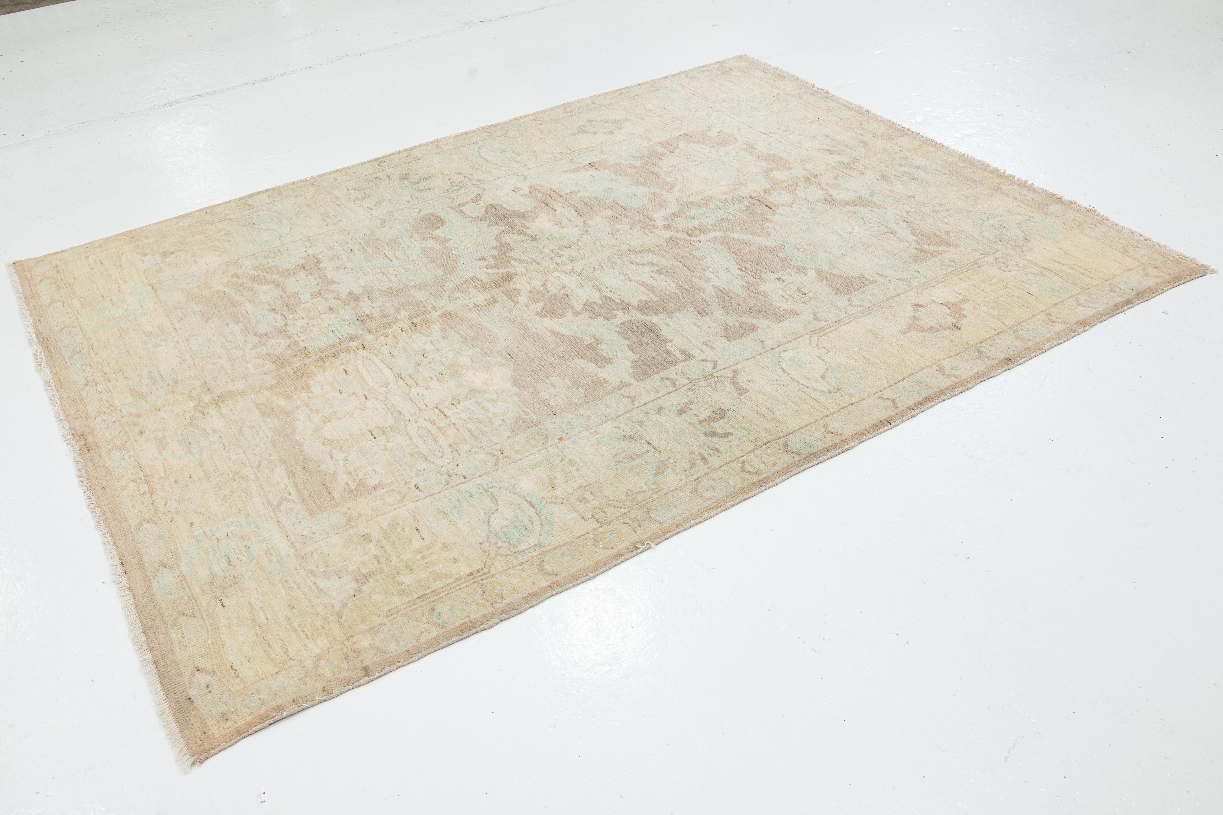 Floral Handmade Modern Sultanabad Wool Rug In Light Brown  In New Condition For Sale In Norwalk, CT