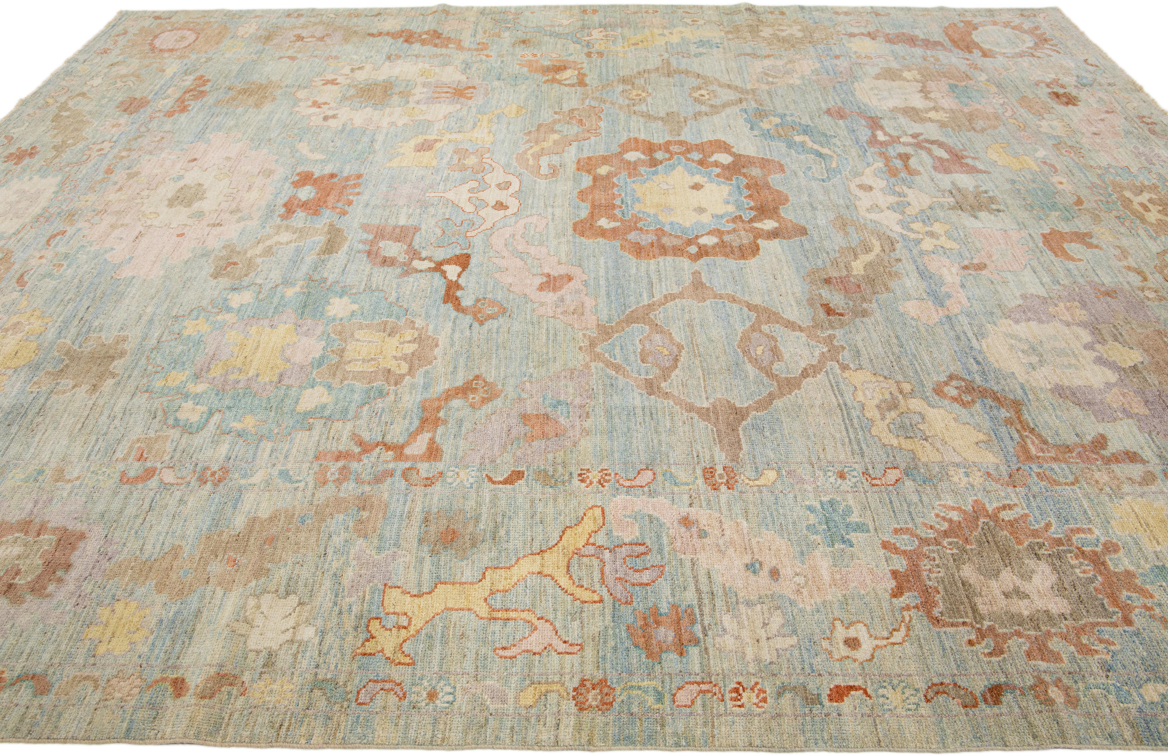 Hand-Knotted Floral Handmade Modern Sultanabad Wool Rug in Ligth Blue For Sale