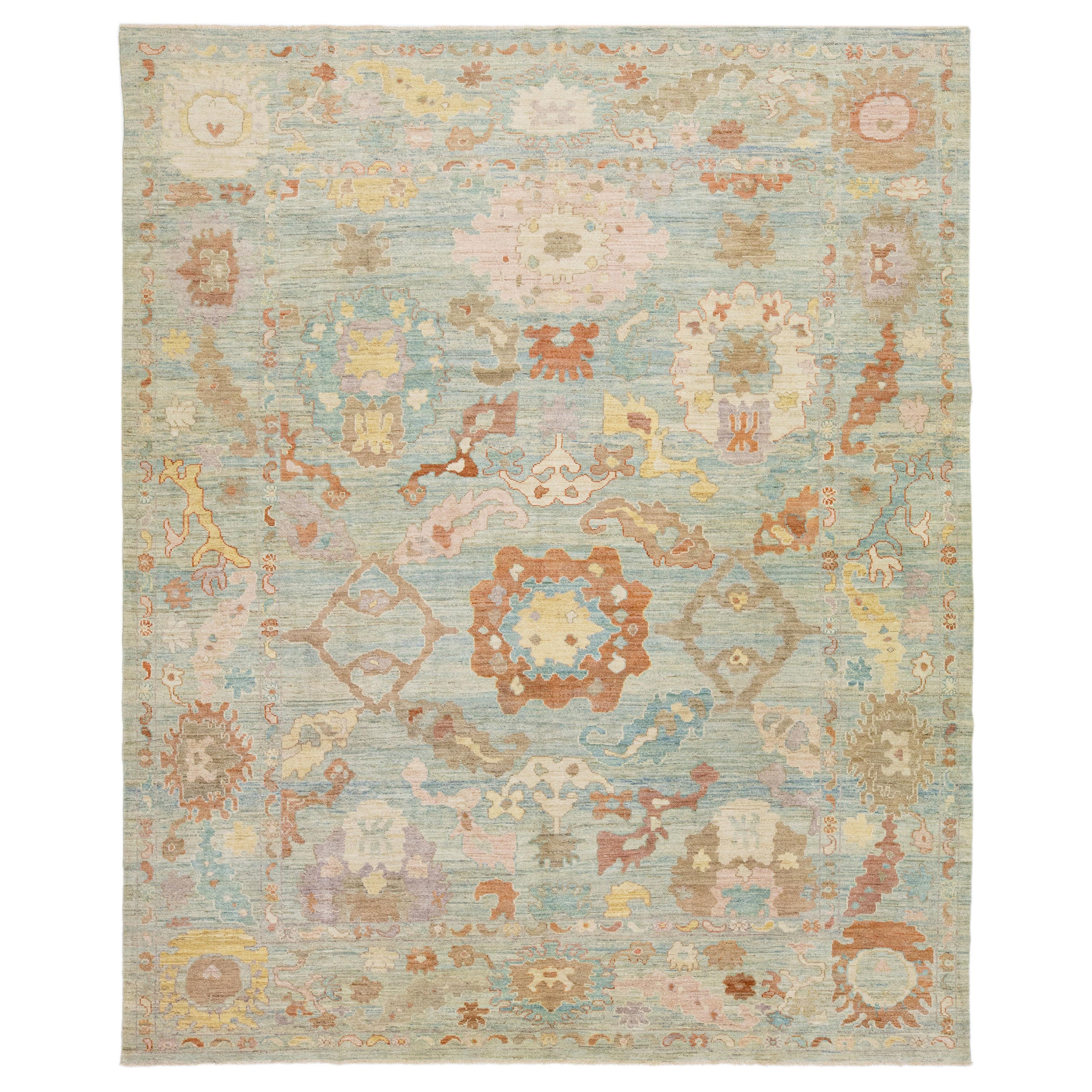 Tapis moderne en laine Sultanabad à motifs floraux faits à la main en bleu ligné en vente