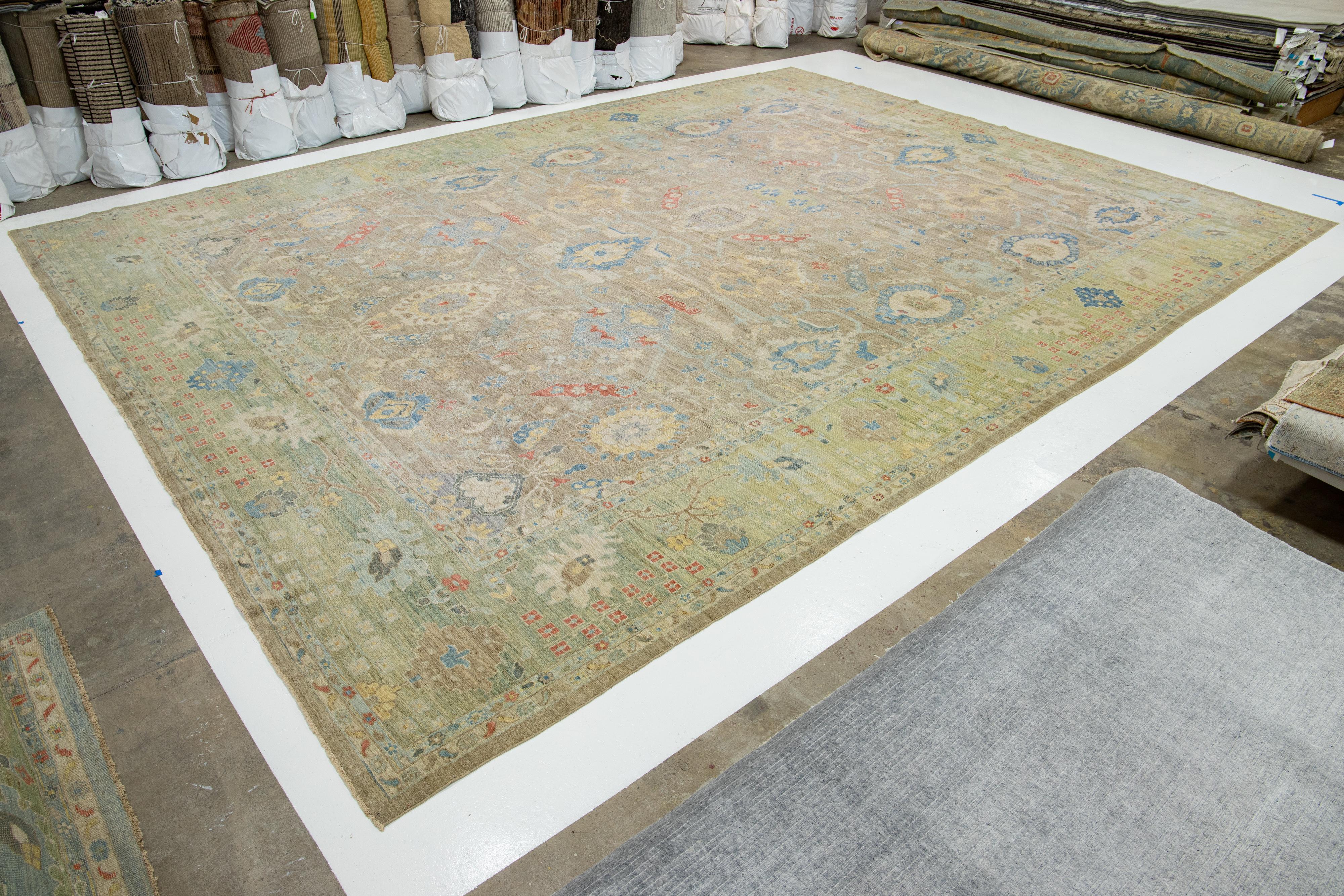 Hand-Knotted Floral Handmade Modern Sultanabad Wool Rug Oversize In Brown & Green For Sale