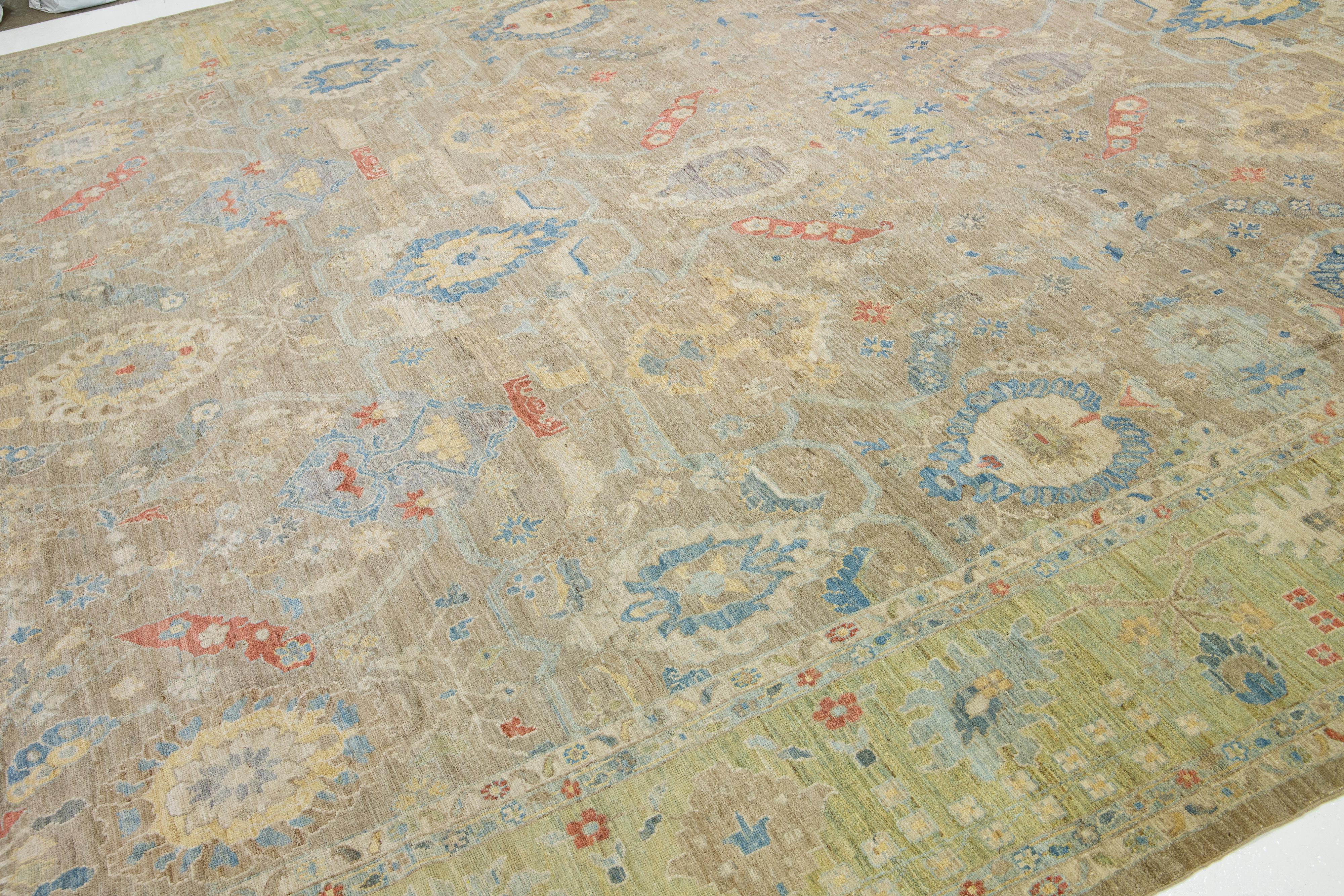 Floral Handmade Modern Sultanabad Wool Rug Oversize In Brown & Green For Sale 2