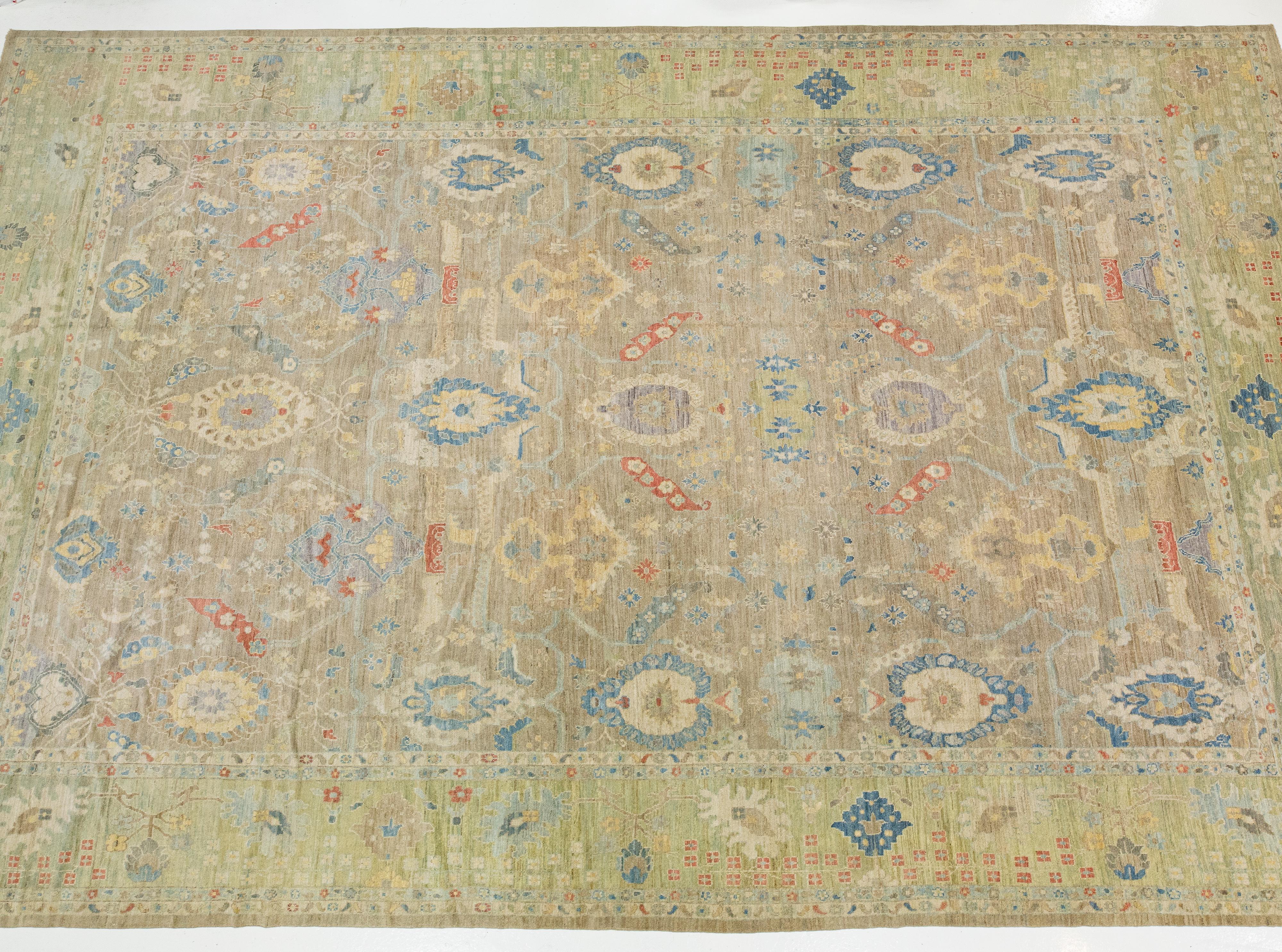 Floral Handmade Modern Sultanabad Wool Rug Oversize In Brown & Green For Sale 3