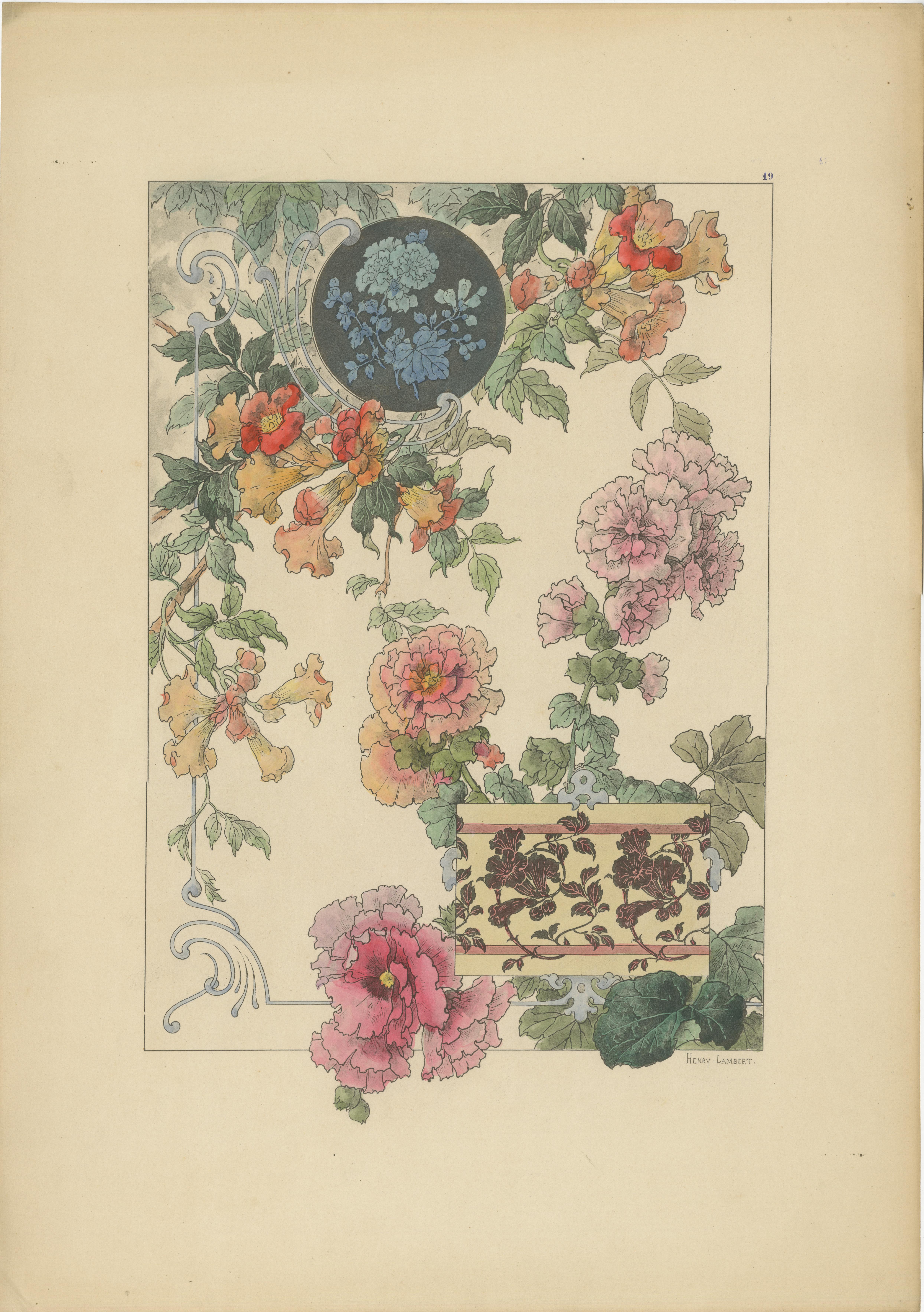 Floral Harmony in Decorative Design: The Art Nouveau Aesthetic of Henry Lambert  

These exquisite prints, attributed to the renowned Henry Lambert, embody the elegance and fluidity of the Art Nouveau movement, a period that celebrated natural forms