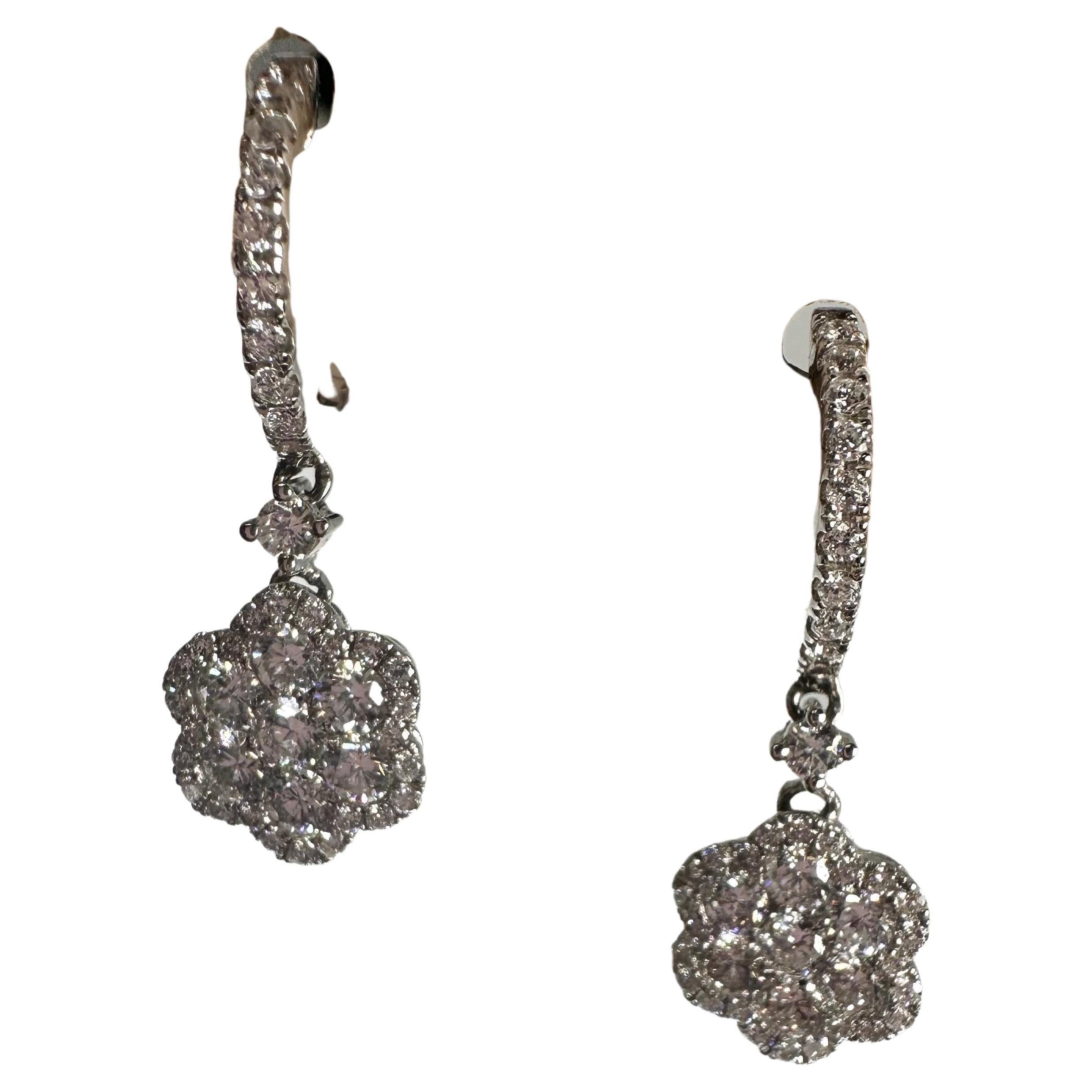 Floral huggies earrings 1.25ct diamond earrings 14KT gold For Sale