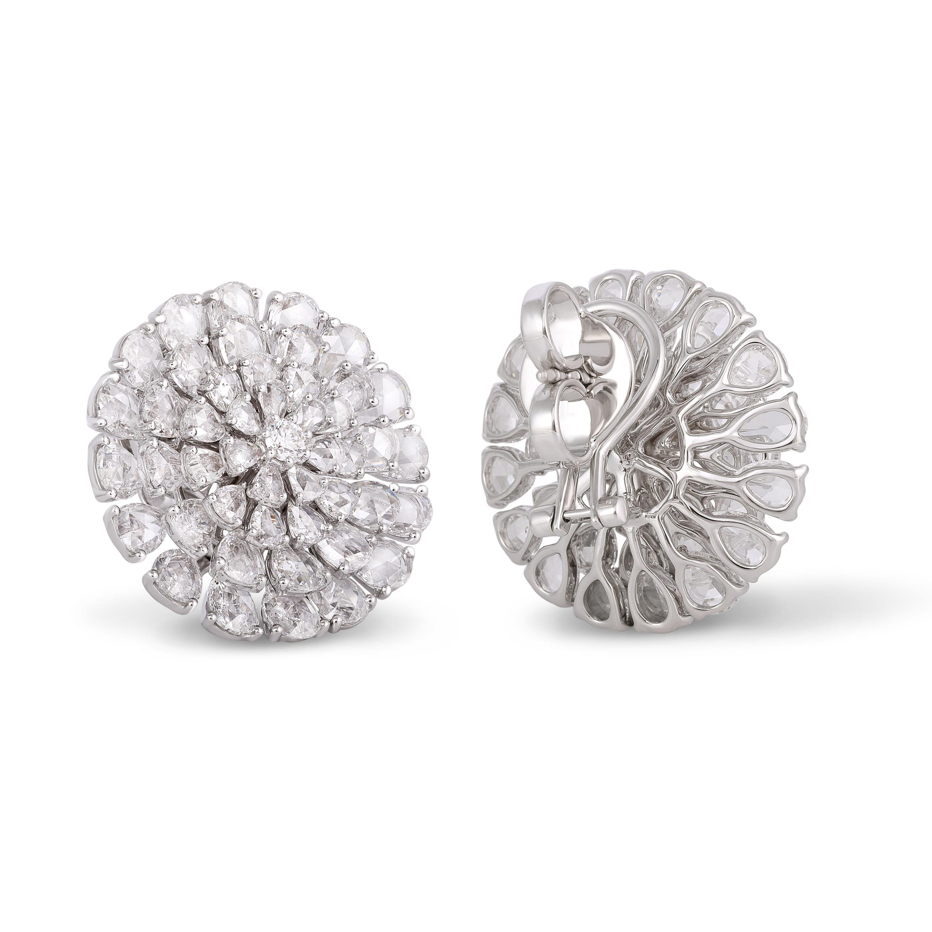 Rarever brings the floral collection taking the inspiration from the beauty and uniqueness of the flower. The earring is crafted with 92 pear shaped Rose Cut Diamonds set in step setting to attain the floral form of the earring, surrounding the