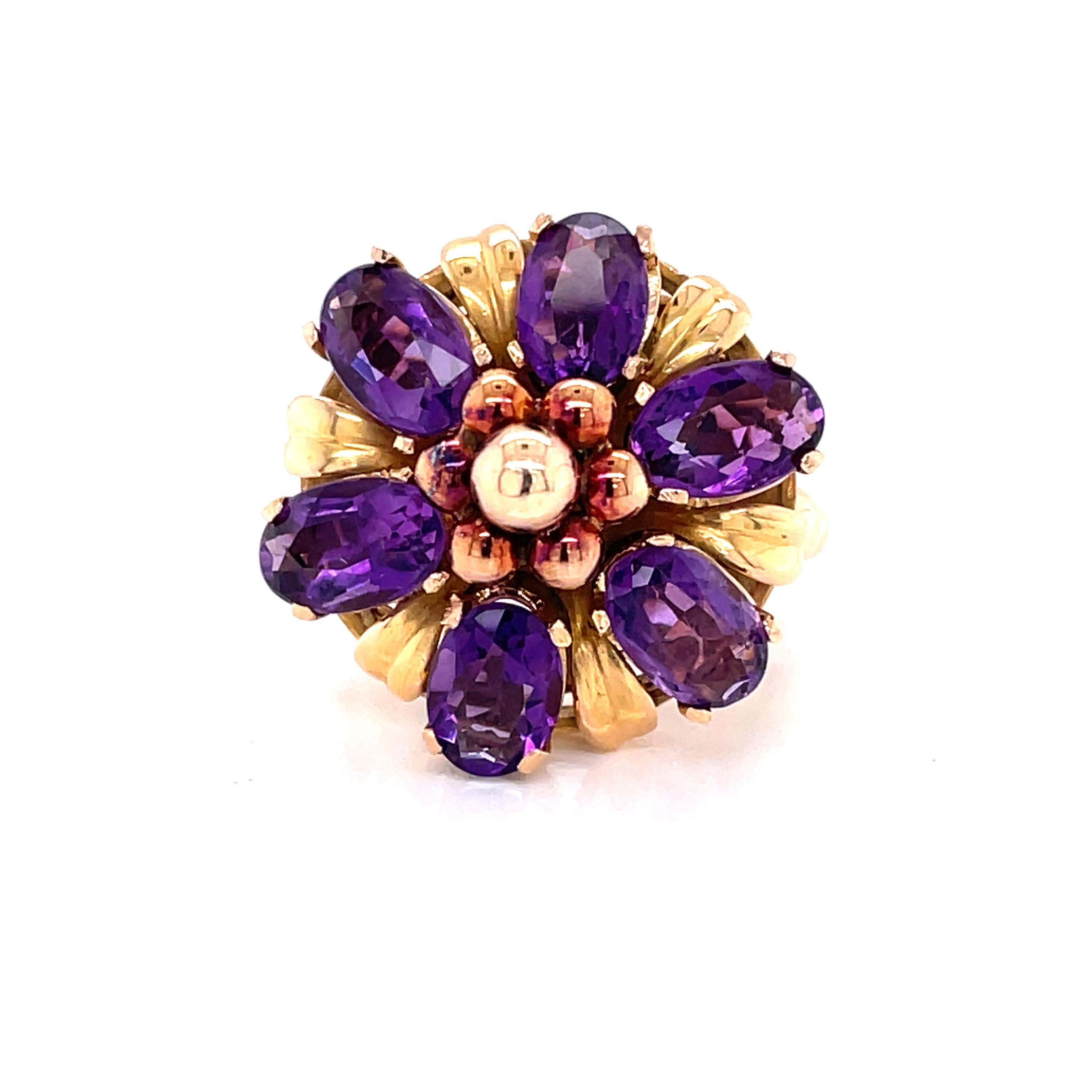Oval Cut Floral Inspired Amethyst Yellow Gold Cocktail Ring For Sale