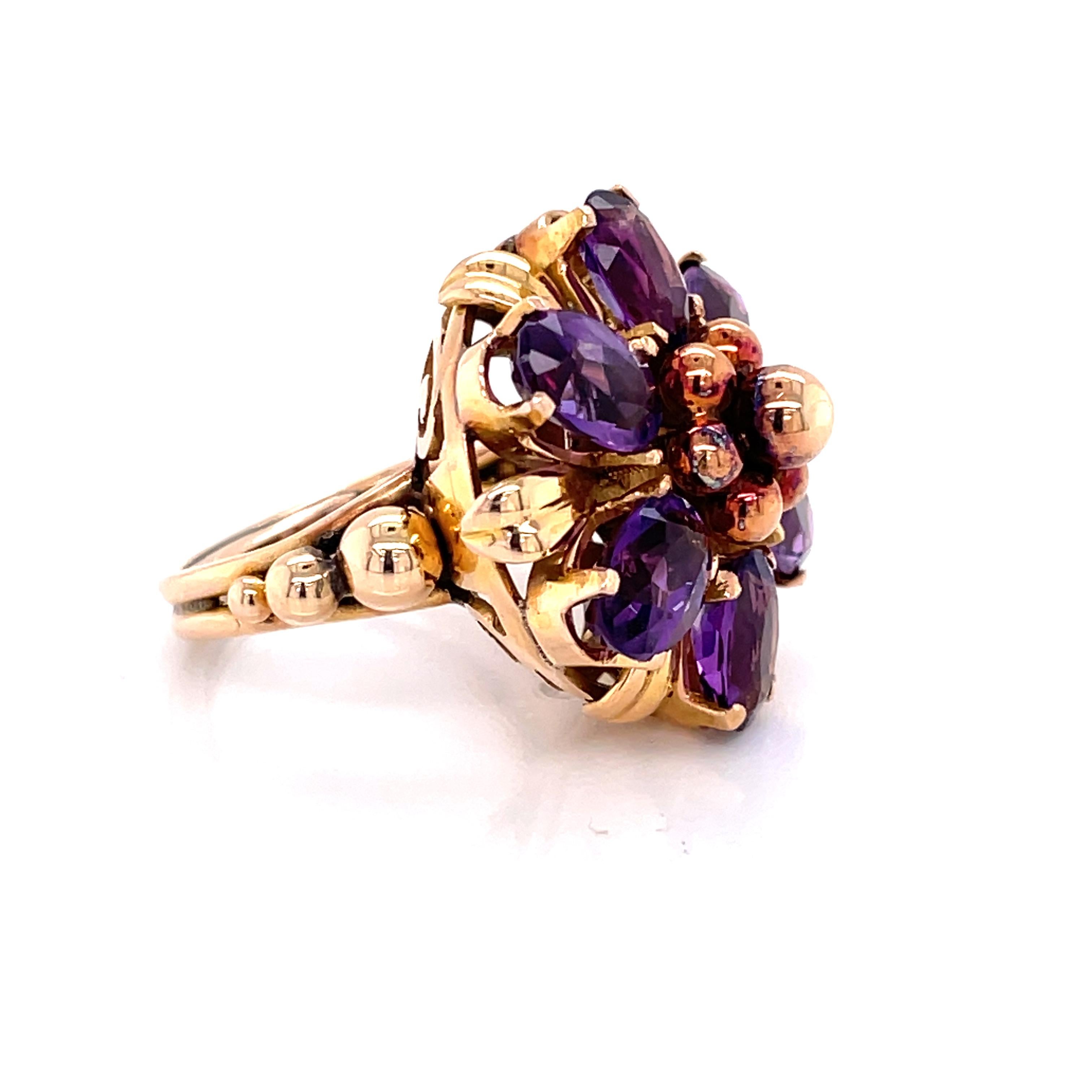 Floral Inspired Amethyst Yellow Gold Cocktail Ring In Good Condition For Sale In Mount Kisco, NY