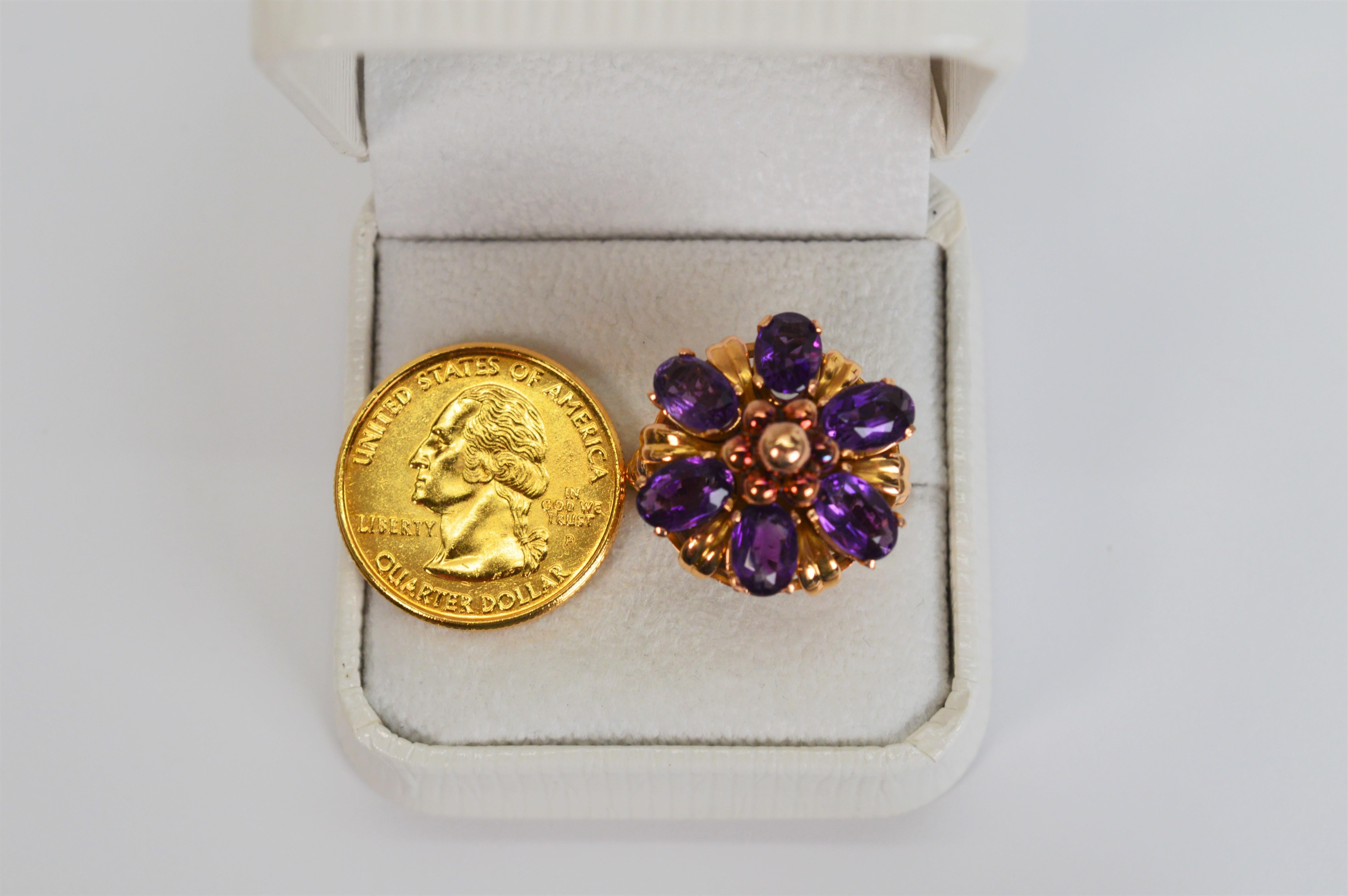 Floral Inspired Amethyst Yellow Gold Cocktail Ring For Sale 3