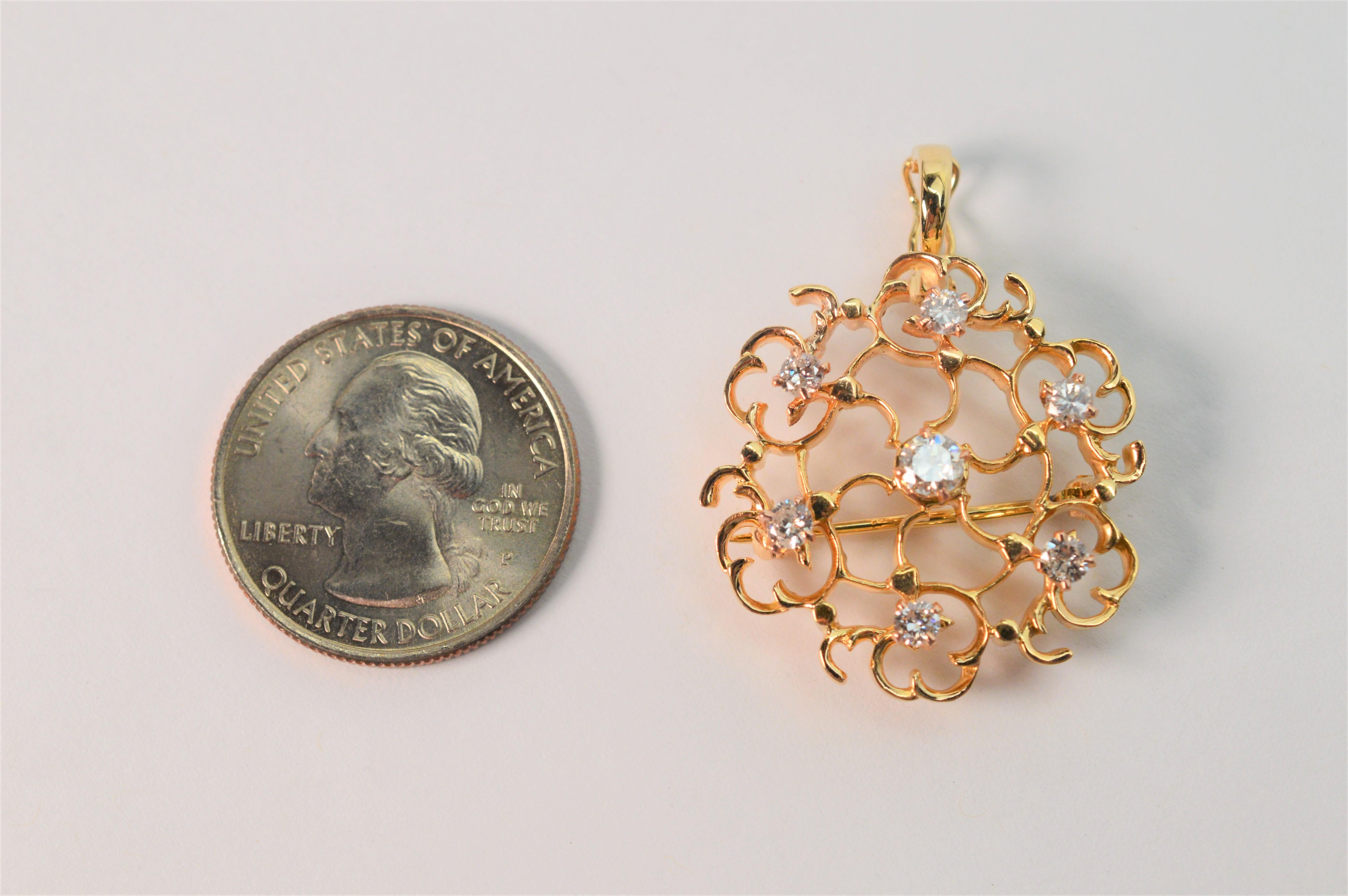 Floral Inspired Diamond 14K Yellow Gold Filigree Brooch w Enhancer Pendant In Excellent Condition For Sale In Mount Kisco, NY