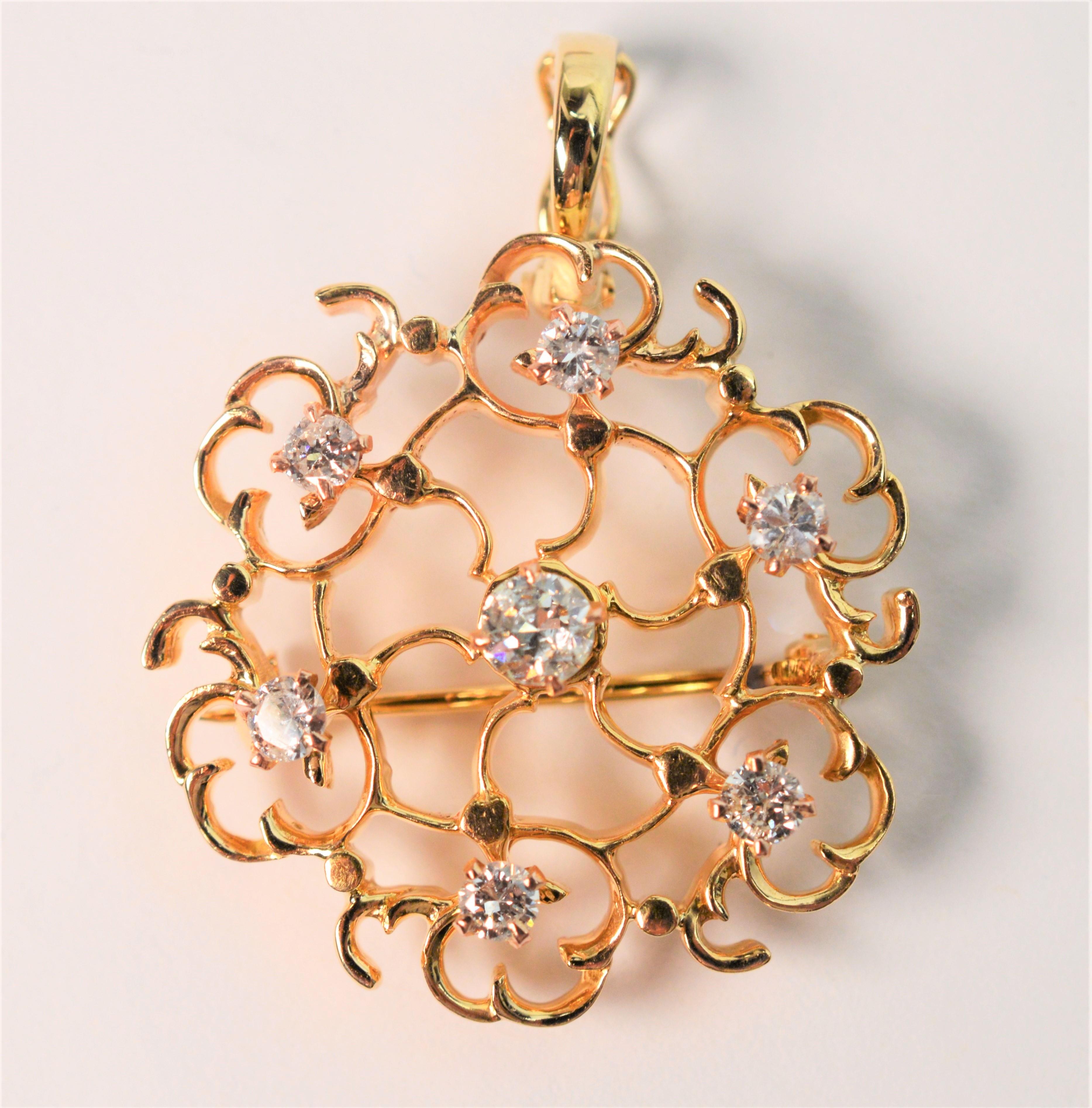 Women's Floral Inspired Diamond 14K Yellow Gold Filigree Brooch w Enhancer Pendant For Sale