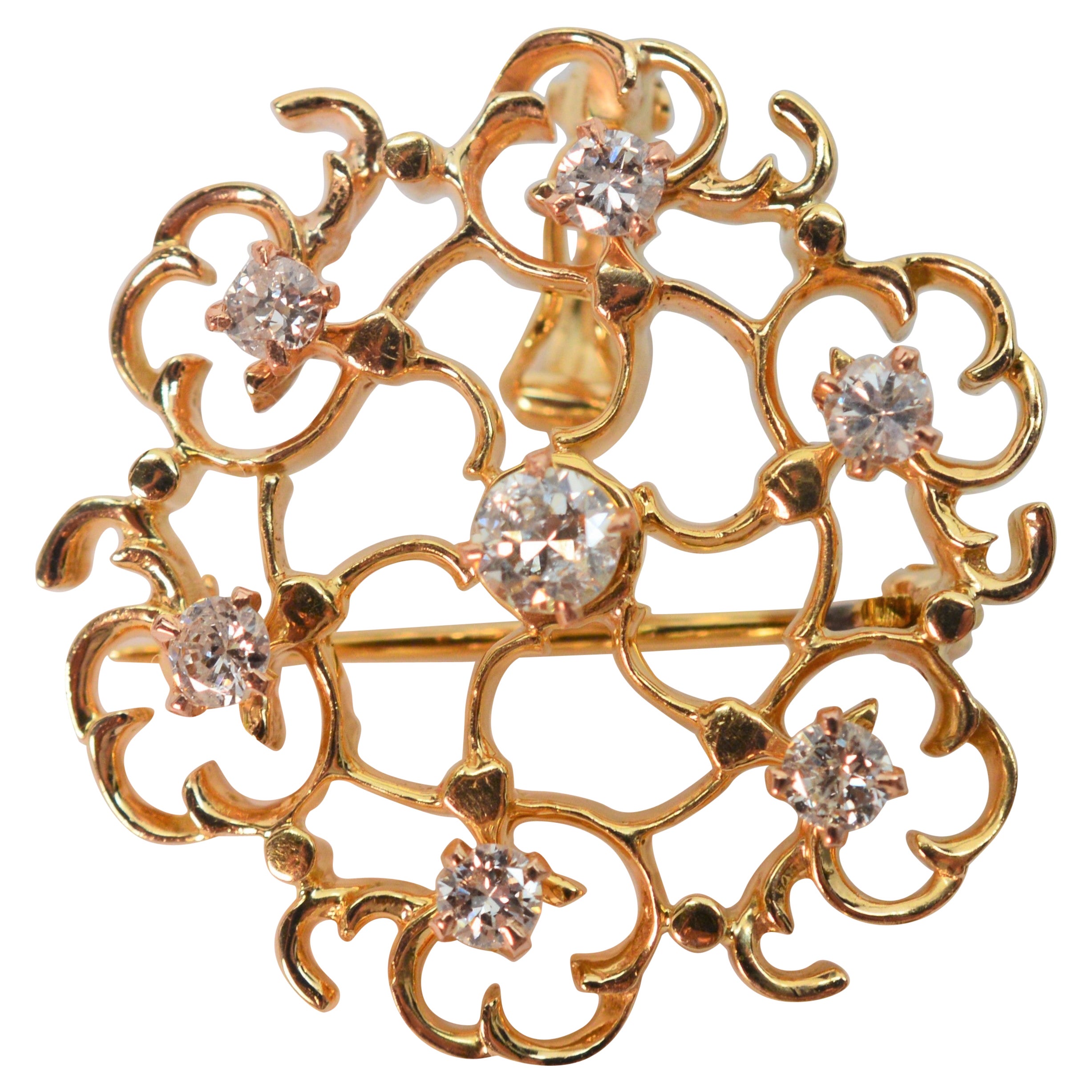 Filigrane Brosche mit Anhänger, floral inspiriert, Diamant 14 Karat Gelbgold