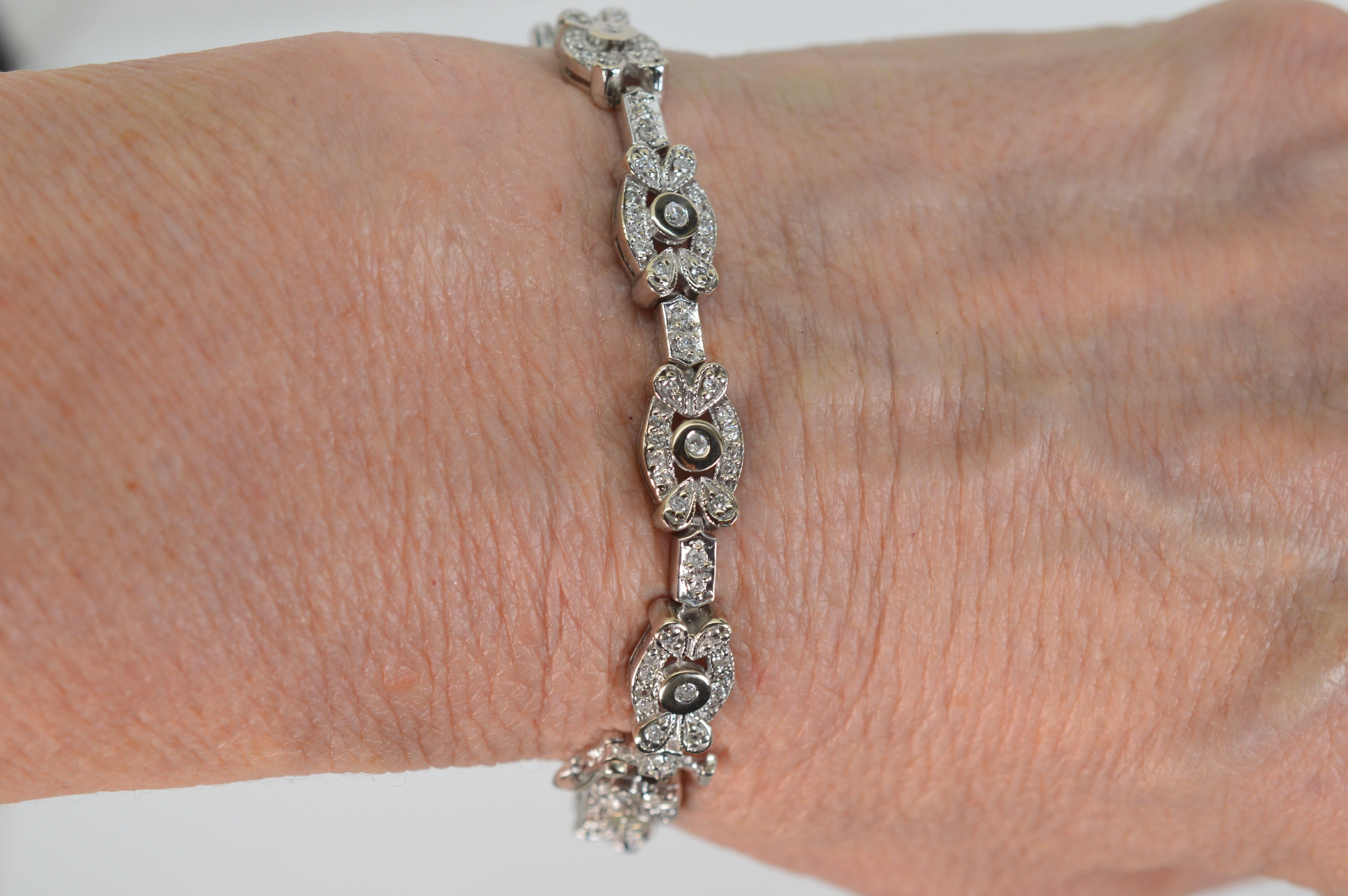 Floral Inspired Diamond Oval Link 14 Karat White Gold Bracelet For Sale 1