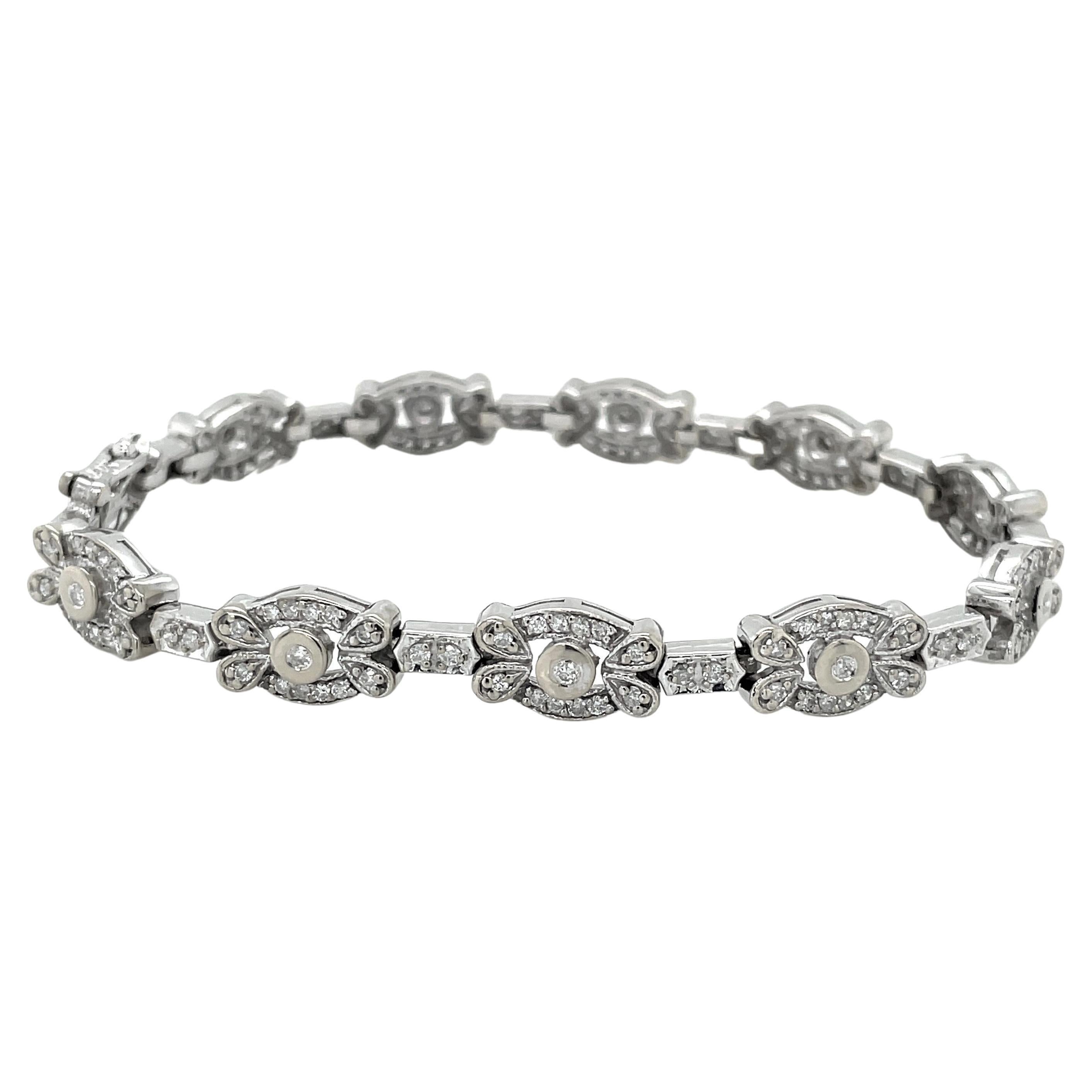 Floral Inspired Diamond Oval Link 14 Karat White Gold Bracelet For Sale