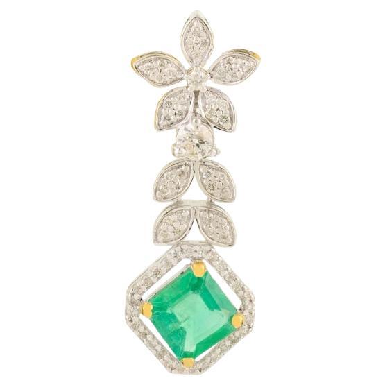 Floral-Inspired Drop Pendant in Emerald & Diamond 14k White Gold Jewelry Gift
