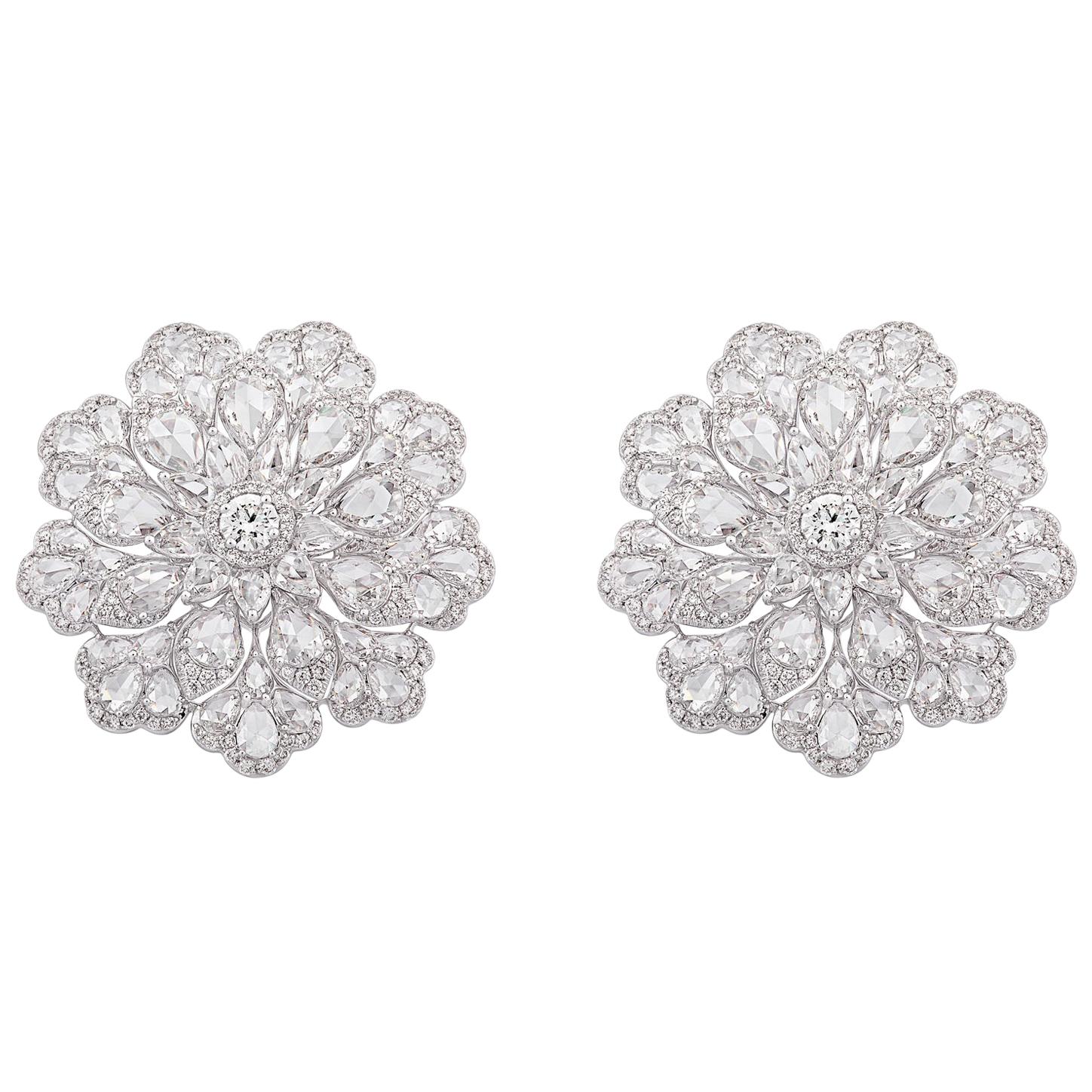 18 Karat White Gold Top Rose Cut Diamond Floral Inspired Earrings Studs