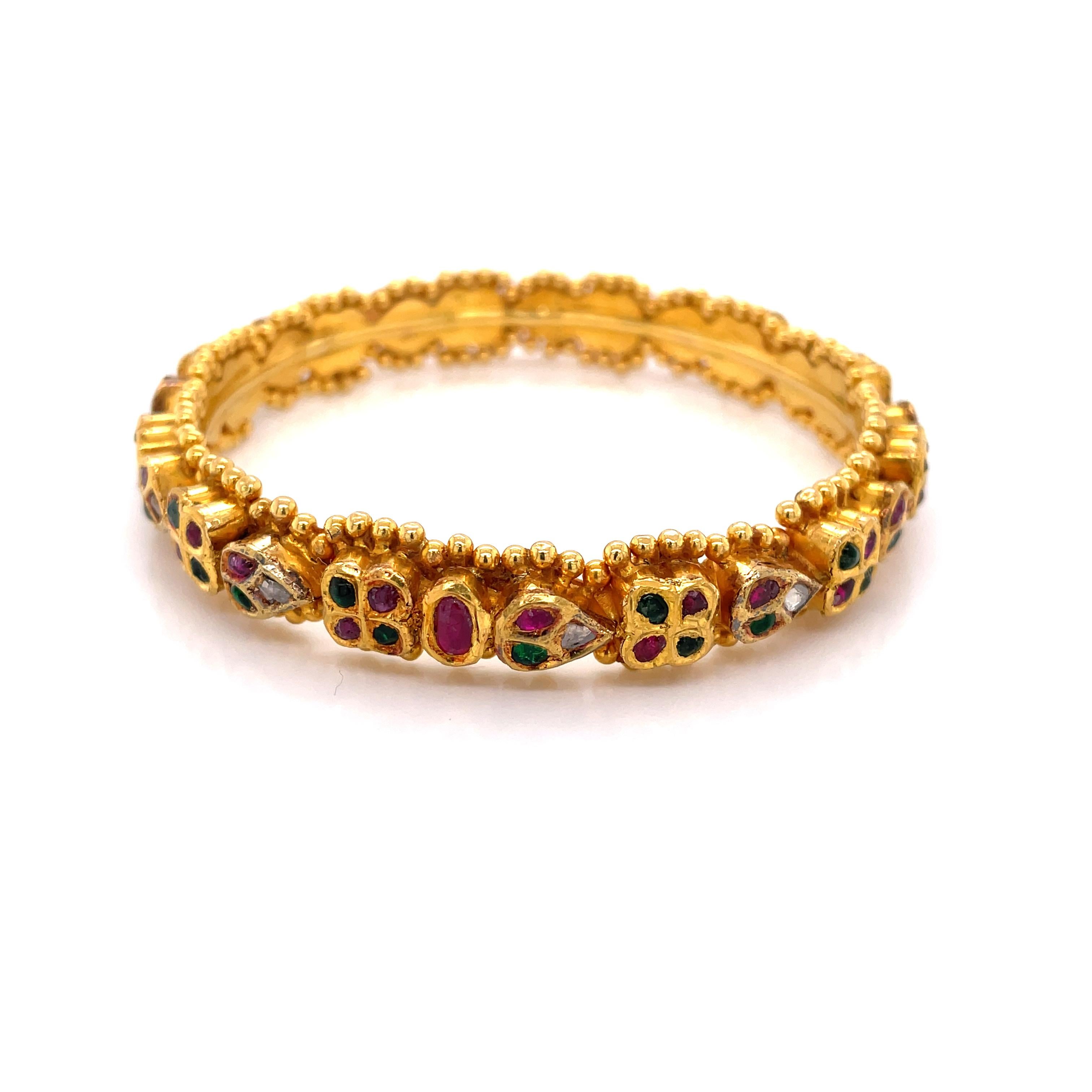 Mixed Cut Floral Inspired Gem 20 Karat Yellow Gold Bangle Bracelet    