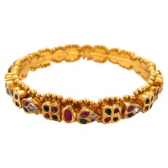 Floral Inspired Gem 20 Karat Yellow Gold Bangle Bracelet    