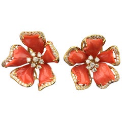 Floral Italian Coral and 18 Karat Yellow Gold Stud Earrings