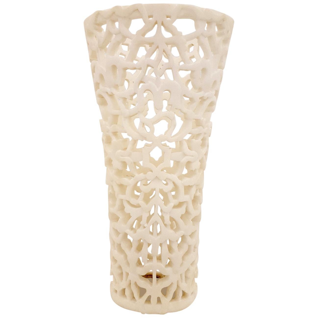 Floral Jali Umbrella Stand In White Marble Handcrafted In India For Sale