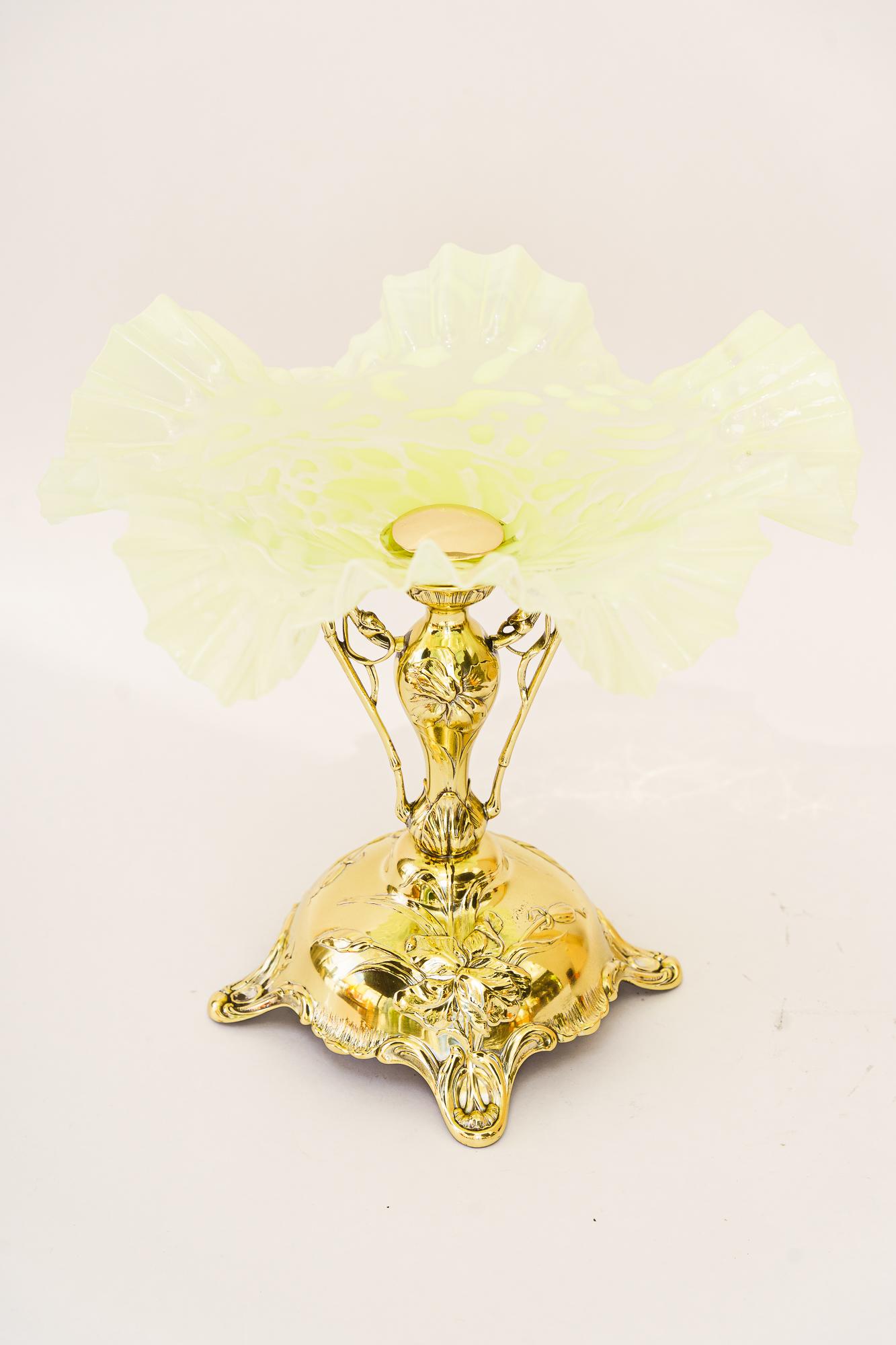 Floral jugendstil centerpiece with original opaline glass shade vienna 1908
Brass polished and stove enameled